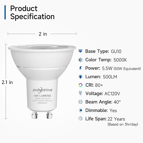Miniatura 2 de SHINESTAR Paquete de 6 bombillas LED GU10, 5.5 W (equivalente a 50 W), luz diurna de 5000 K, bombillas empotrables regulables, forma MR16, 500