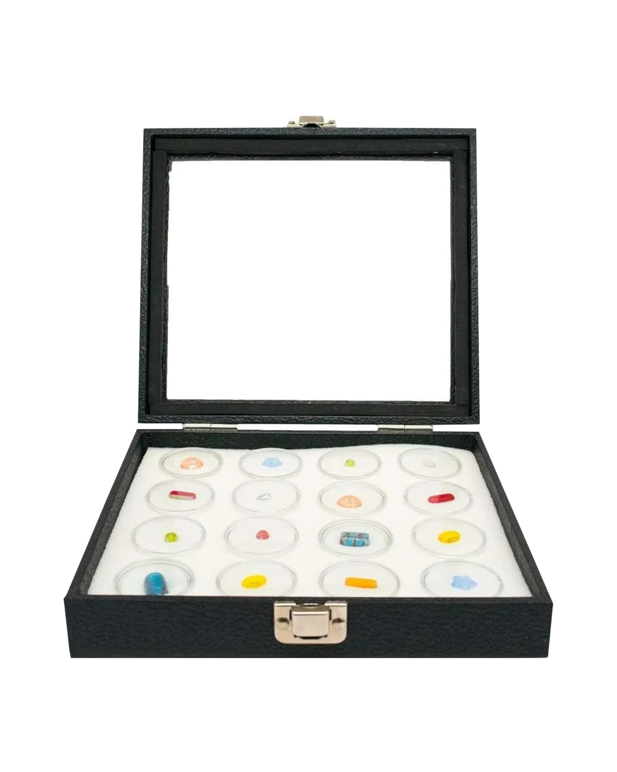 Novel Box Gem Display Case 8.25x7.25x2 + Medium Size 16 Gems Jars | Fossil Display Case with Lid & White Tray Foam Liner | Rock Storage Box with Metal Clasp | Display Cases for Collectibles