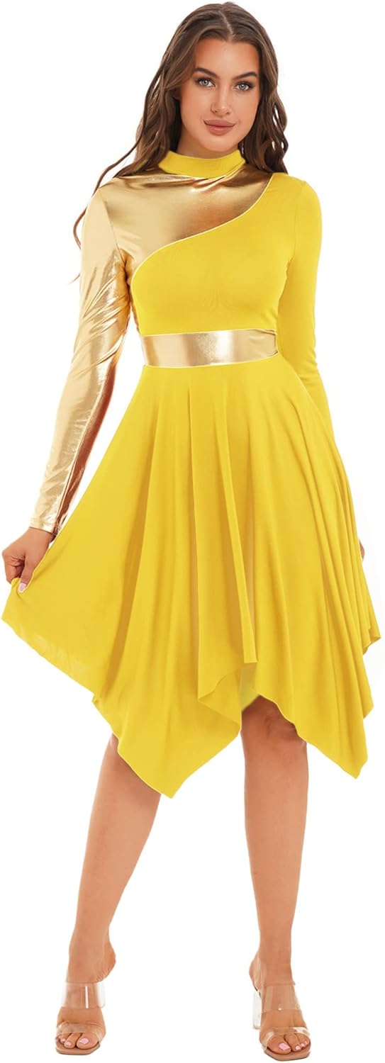 Asymmetrical Praise Dance Costume for Women Long Sleeve Worship Lyrical Dance Dress