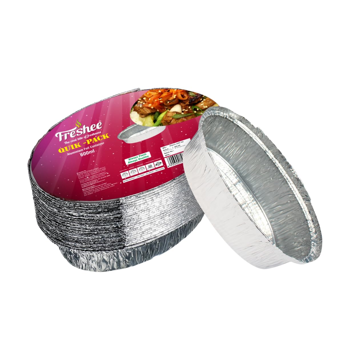 Freshee Aluminium Foil Container Box Big 600ml | 50 Pcs with Lids | Disposable Food Containers for Parcel, Packing, Hot Cold Food, Serving, Baking, Heating & Freezing | Leak-Resistant & Oven Safe