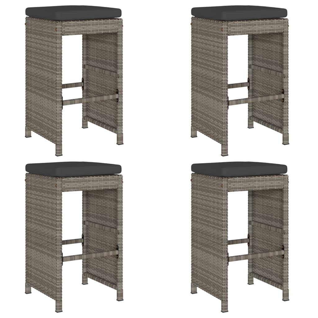 vidaXL Taburetes Altos de Bar de jardín Cojines 4 uds ratán PE Gris