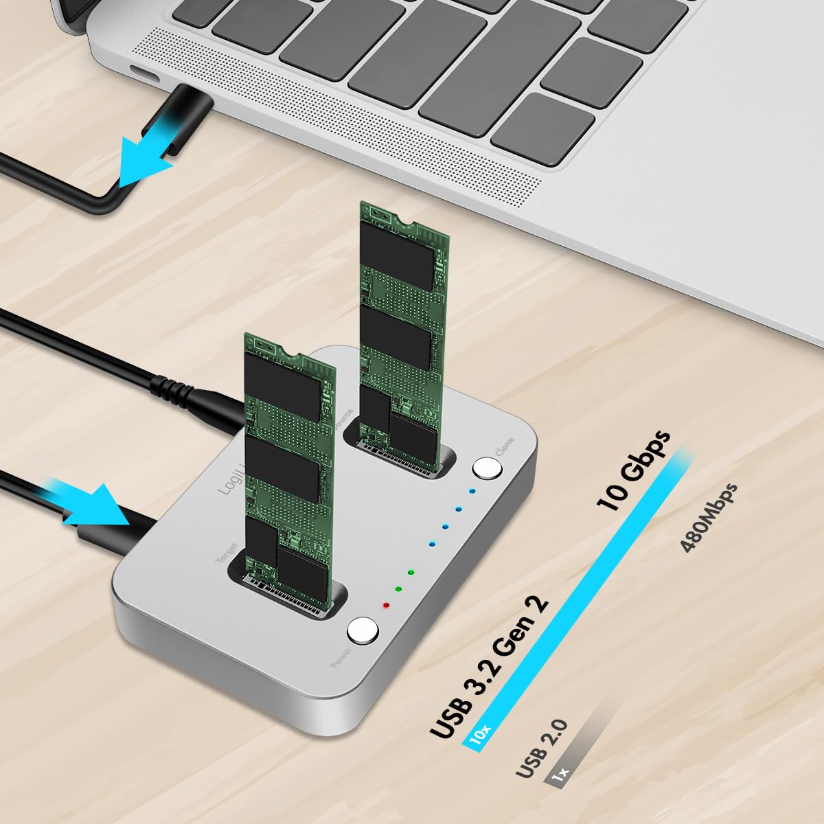 LogiLink QP0033 Silver 2 Port USB 3.2 Docking Station per SSD NVMe - Dettaglio