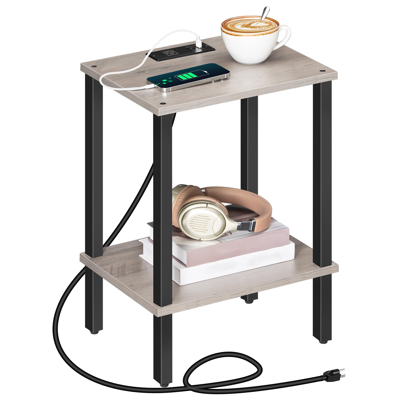 MAHANCRIS End Table with Charging Station, Side Table with USB Ports and Outlet, Nightstand with Storage Shelf, Bedside Table for Small Space, Living Room, Easy Assembly, Greige ETHG79E01