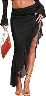 Verdusa Women's Asymmetrical High Slit Mesh Long Skirts Ruffle Hem Ruched Flowy Bodycon Skirt Price In India