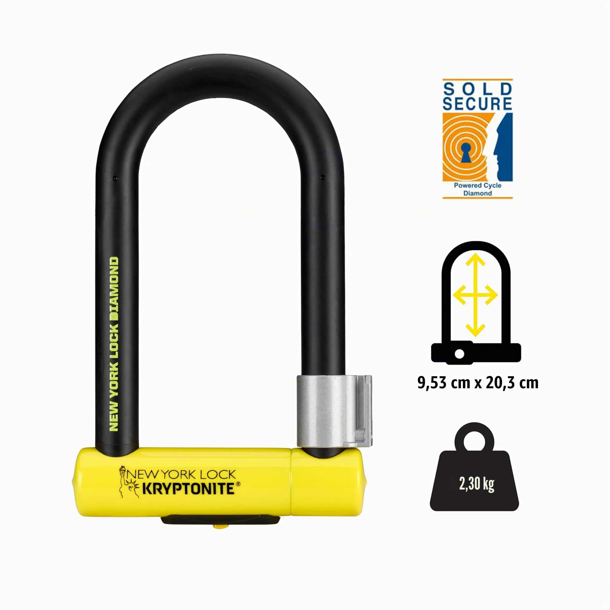 Kryptonite New York Diamond Standard antivol U, Anse en Acier Double Couche avec revêtement Diamant, Niveau de sécurité 10+/10, pour vélos, vélos électriques et Motos, 2,3 kg, 17,3 x 27,1 cm