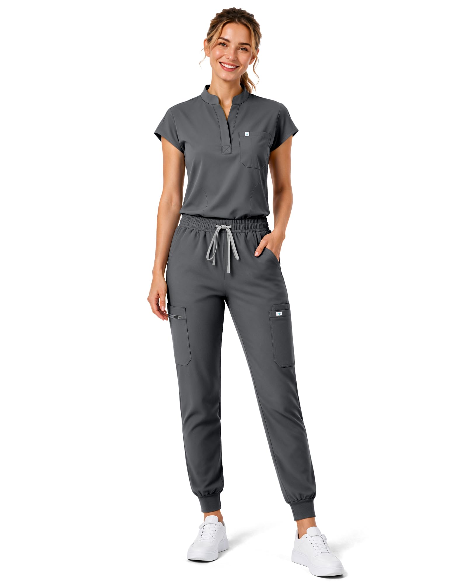 Women's Sleeveless Scrub Set, Stand Collar & Jogger, 11 Pockets | 72% polyester, 21% rayon and 7% spandex with breathable stretch, adjustable waist and easy-care comfort for long shifts