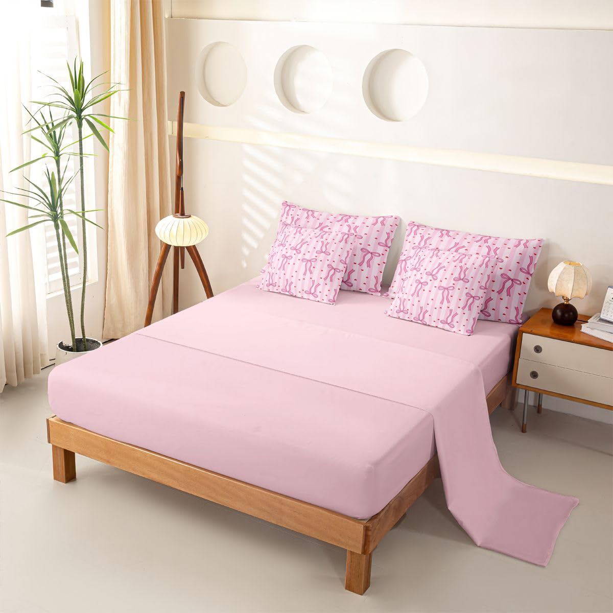 Loussiesd Copripiumino con lenzuola, 7 pezzi, per letto singolo, con grazioso fiocco kawaii, cuori, letto in una borsa, per bambini, ragazzi e ragazze, set di biancheria da letto a righe geometriche