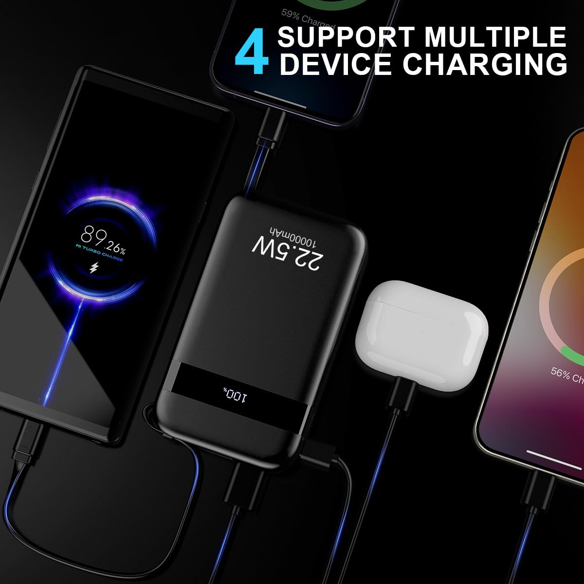 BOJEEL Power Bank, 10000mAh Portable Charger with Built-in Cables, 22.5W 4 Output 2 Input, Fast Charging External Battery Pack with LED Display for iPhone,Samsung,Android and More