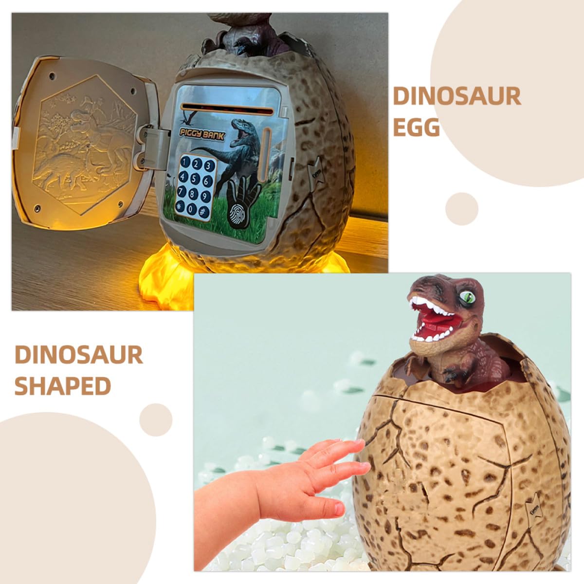 Tirelire Électrique D'œuf de Dinosaure Marron en Plastique Protection par Mot de Passe, Robuste, pour Garçon et Filles et Économiser de L'argenté Facilement