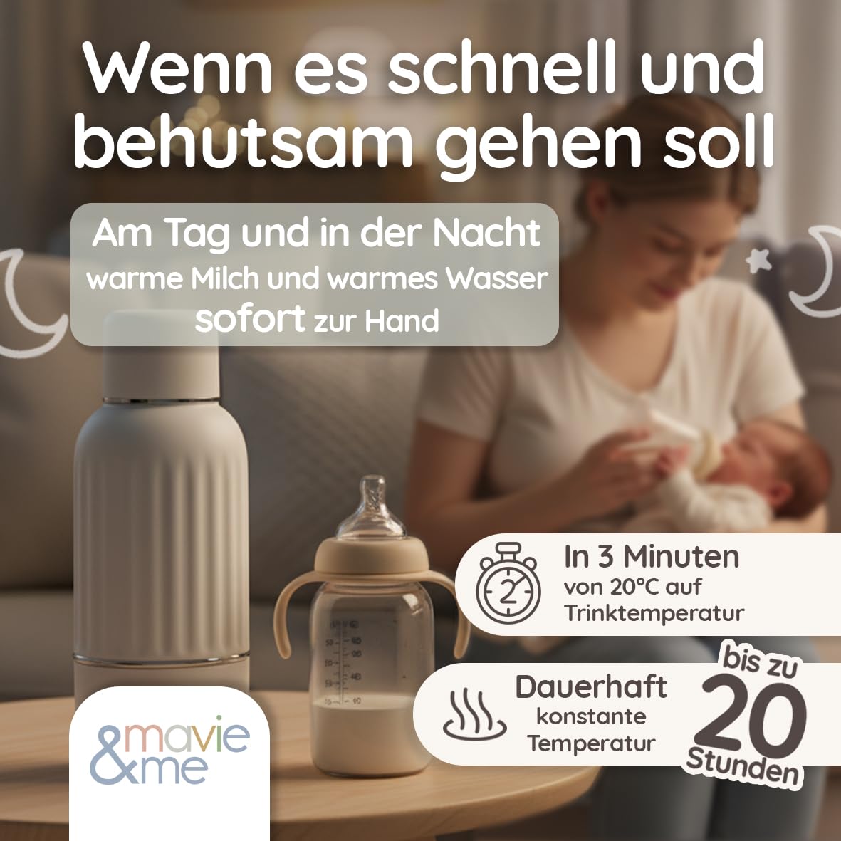 mavie&me Chauffe-biberon pour bébé 500 ml avec batterie - Blanc mat | Sans BPA avec stérilisation, chauffage rapide en 3 minutes – Chauffe-lait maternel mobile et chauffe-eau, blanc mat