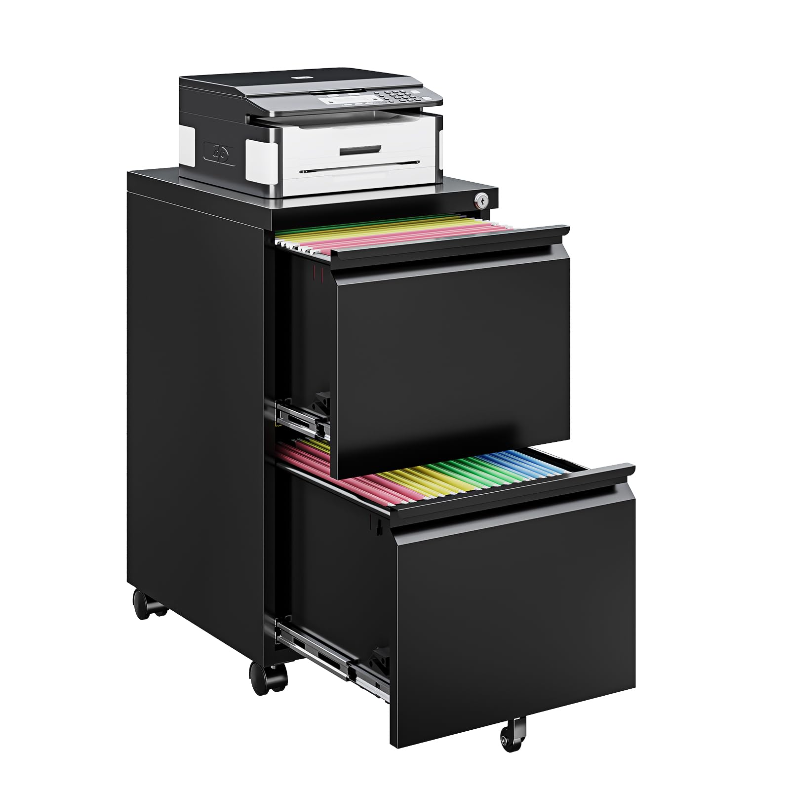 2 Drawer File Cabinet On Wheels Mobile File Cabinet with Lock Under Desk Metal Filing Small Rolling Black Printer Stand for Home Office Assembly
