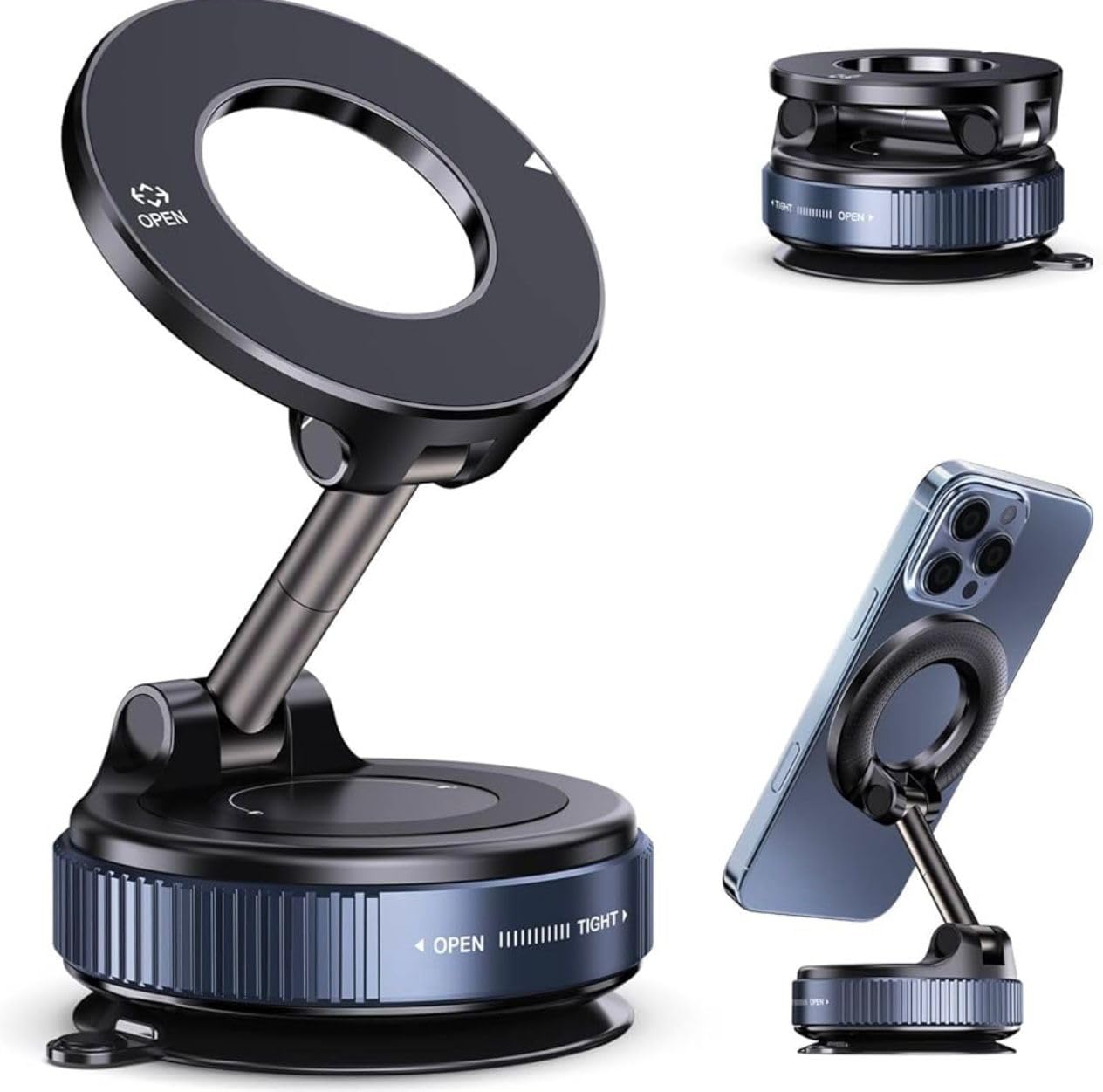 Soporte Magnético, Magnetic Car Phone Holder – Strong Dashboard and Windshield Mount with Suction Cup, 360° Adjustable Arm, Compatible with Most Smartphones