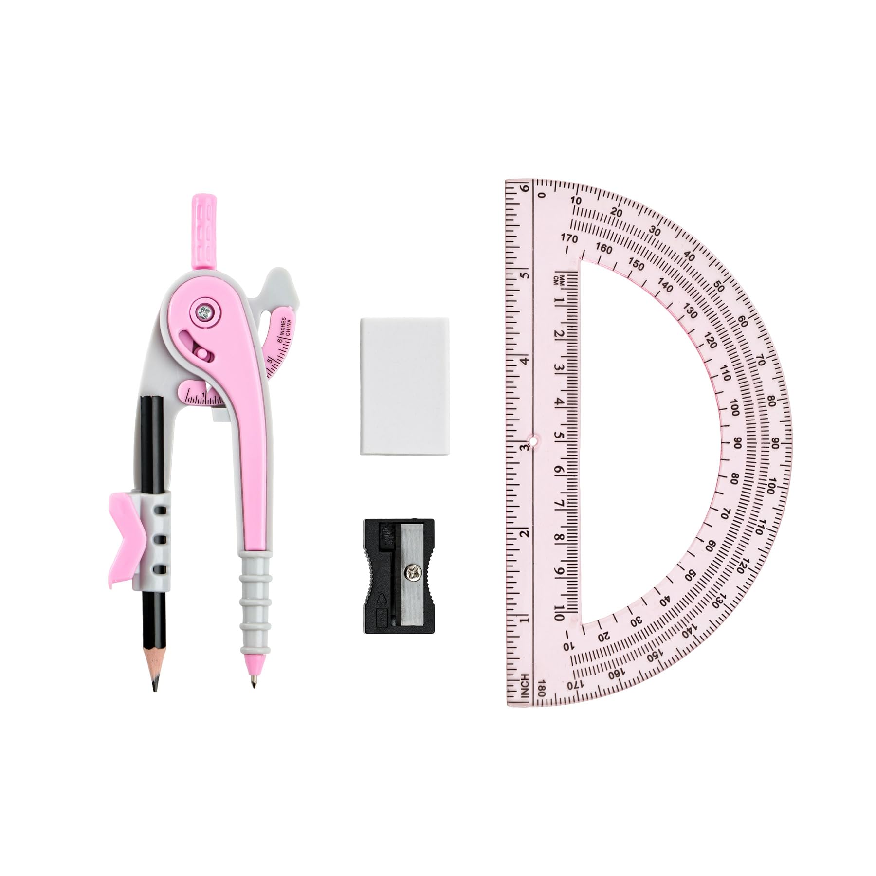 Unjoo Compass for Geometry Set, 6 Inch Protractor, Clear Plastic (Pink)
