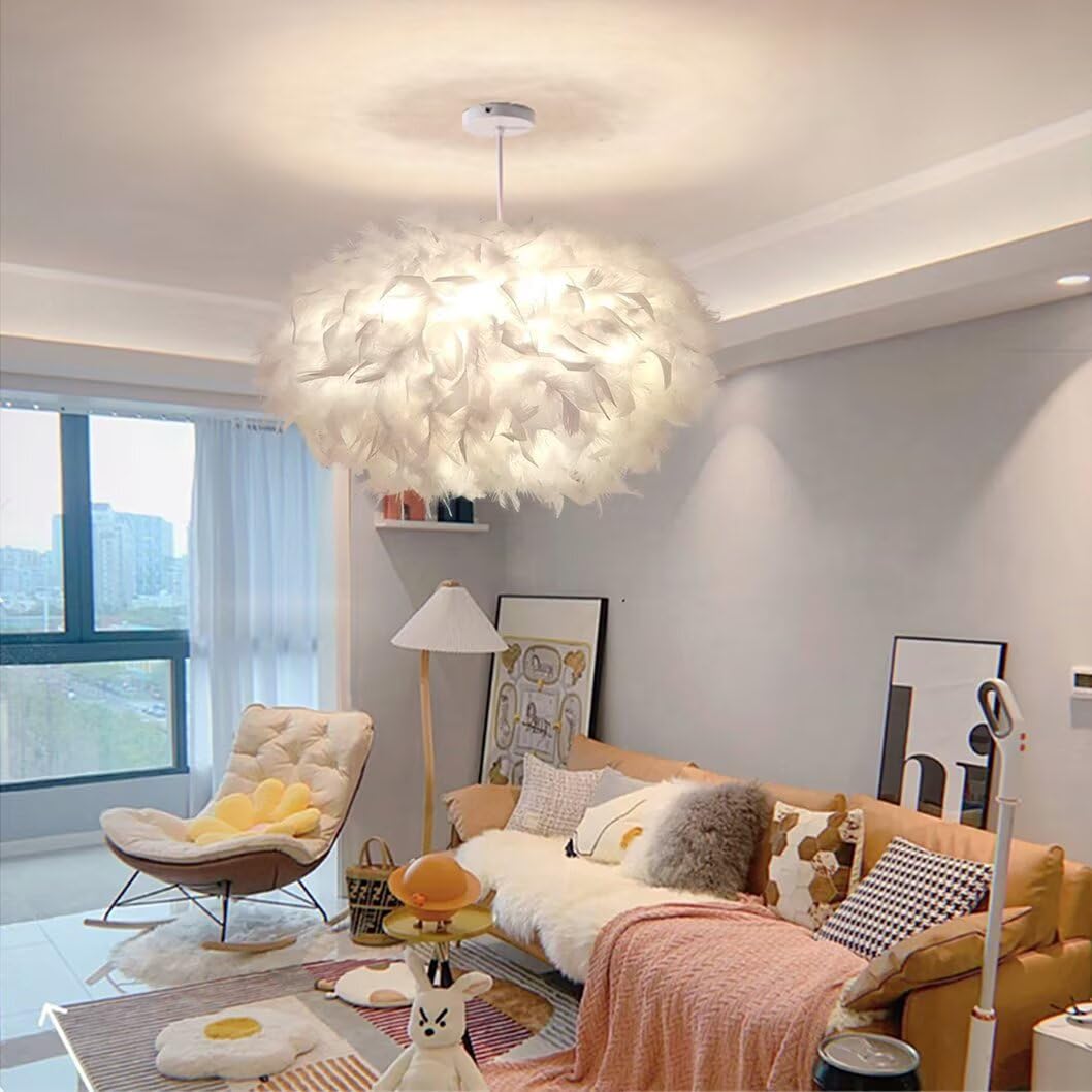 45 cm/17,8" Ellipsoïde Plume Blanche Suspension Abat-Jour en Plumes Plafonnier Lustre en Plumes pour Salon, Chambre à Coucher, Salle à Manger