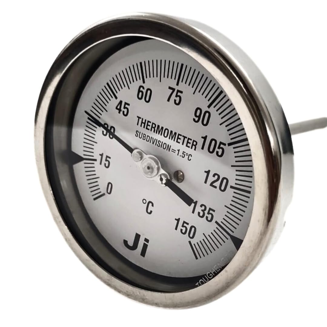 "Ji" Japsin Instrumentation Bi-Metal Dial Thermometer Temperature Gauge, Range 0 to 150 Deg C, Dial Size 4" (100 mm), Direct Mounting Back Entry, 9" Long Stem of 10 mm OD, 1/2" BSP (M) Thread