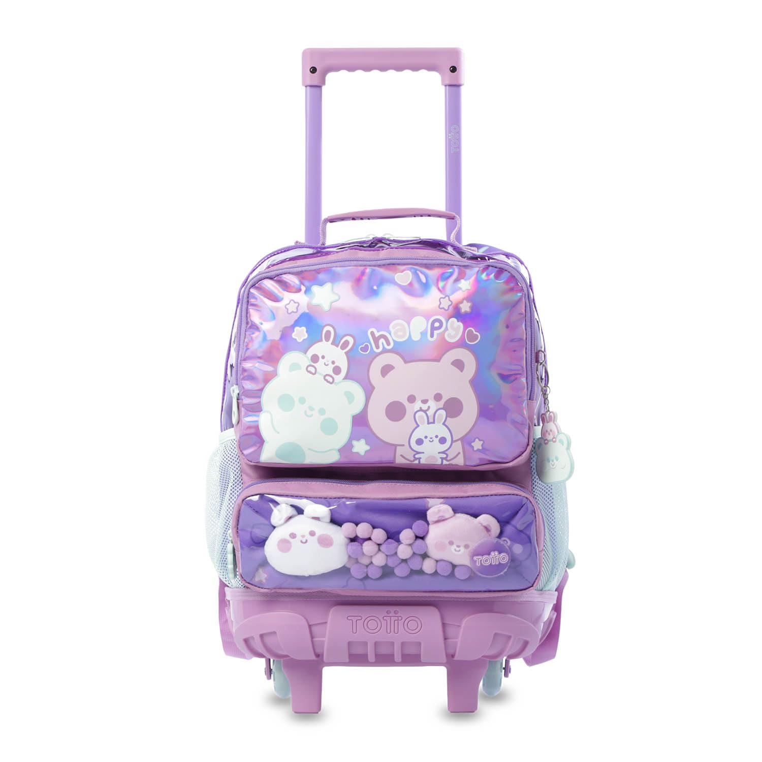 TOTTO - Mochila Escolar con Ruedas, Modelo Friends Party M, Mochila Mediana, Capacidad 23 L, Bolsillos Botella, 2 Compartimentos Frontales, Protección en la Base, Correas Ajustables, Estampado Morado