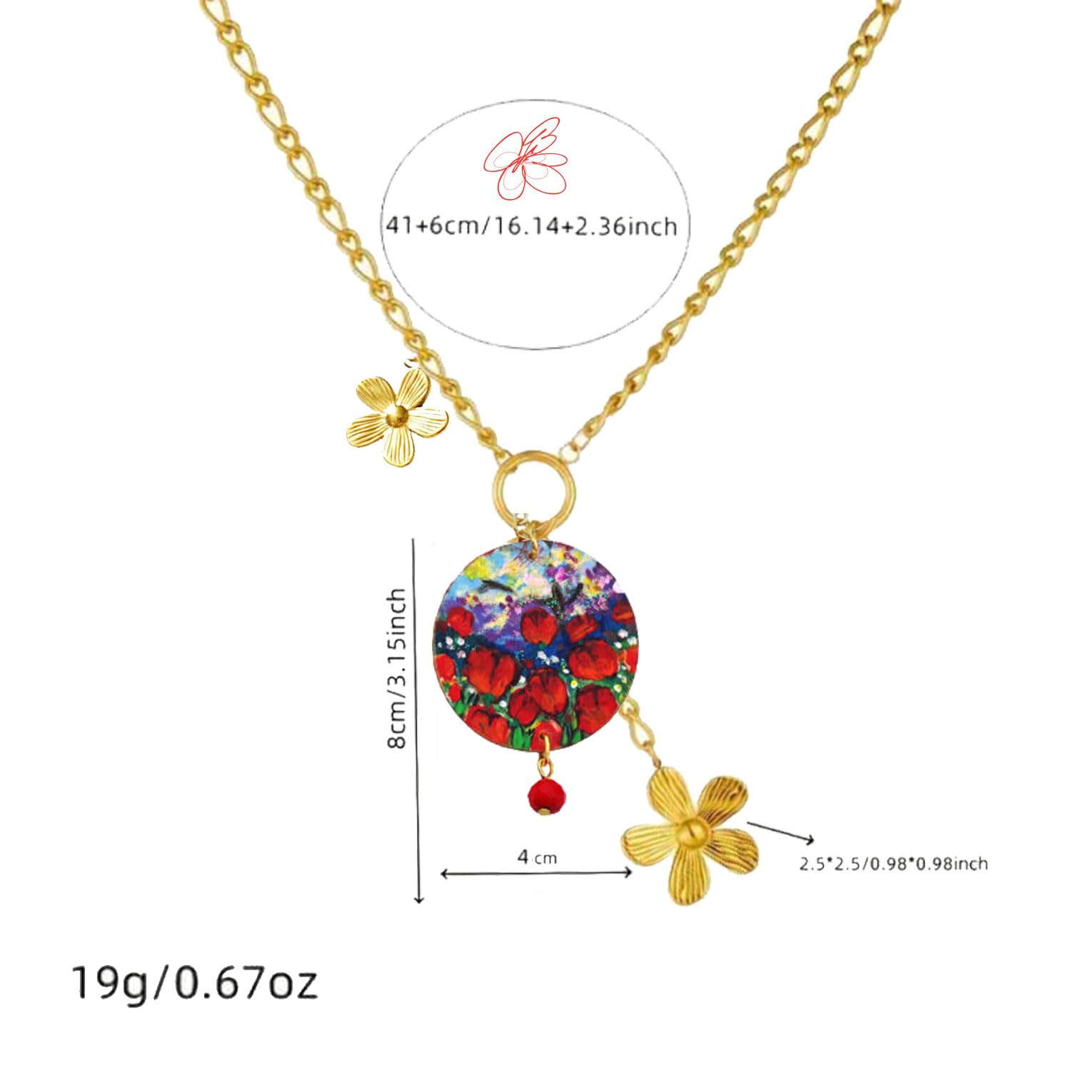 Collar con colgante pintado a mano – Tulipanes rojos – Collar con colgante pintado a mano, medallón de madera pintado a mano, joya elegante en madera totalmente pintada, elaboración artesanal