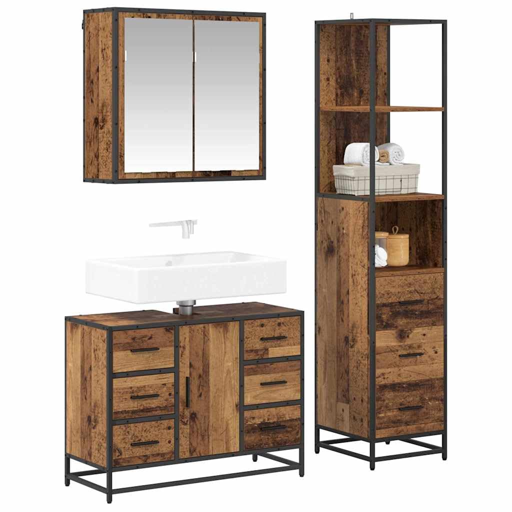 Set di mobili da bagno, 3 pezzi, legno antico, 80 x 33 x 60 cm
