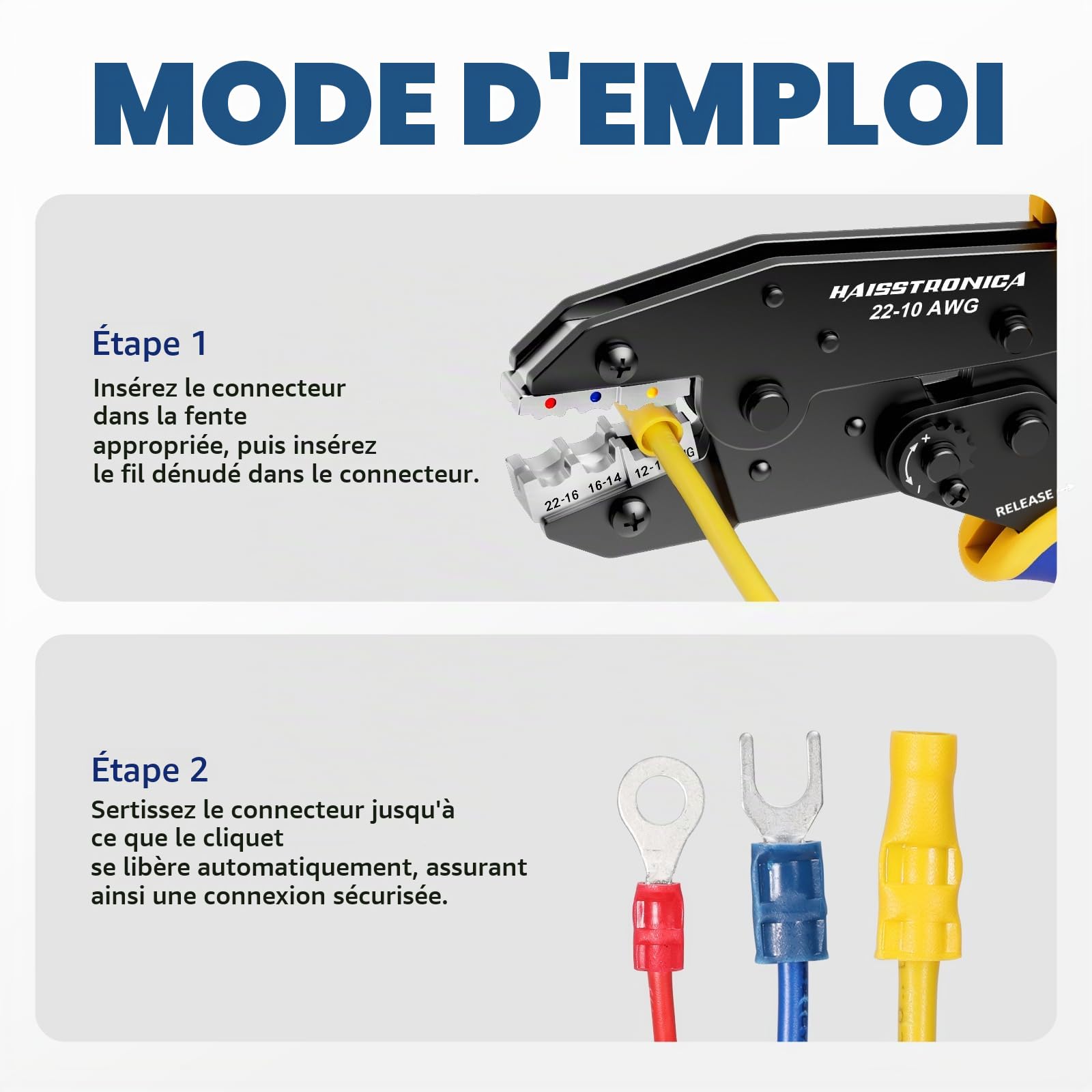 Haisstronica Pince à Sertir pour Cosses Isolées 0,5–6 mm² (AWG22–10), Outil à Cliquet pour Cosses en Anneau Isolées, Connecteurs de Câble et Raccords, Pince à Cosses à Cliquet