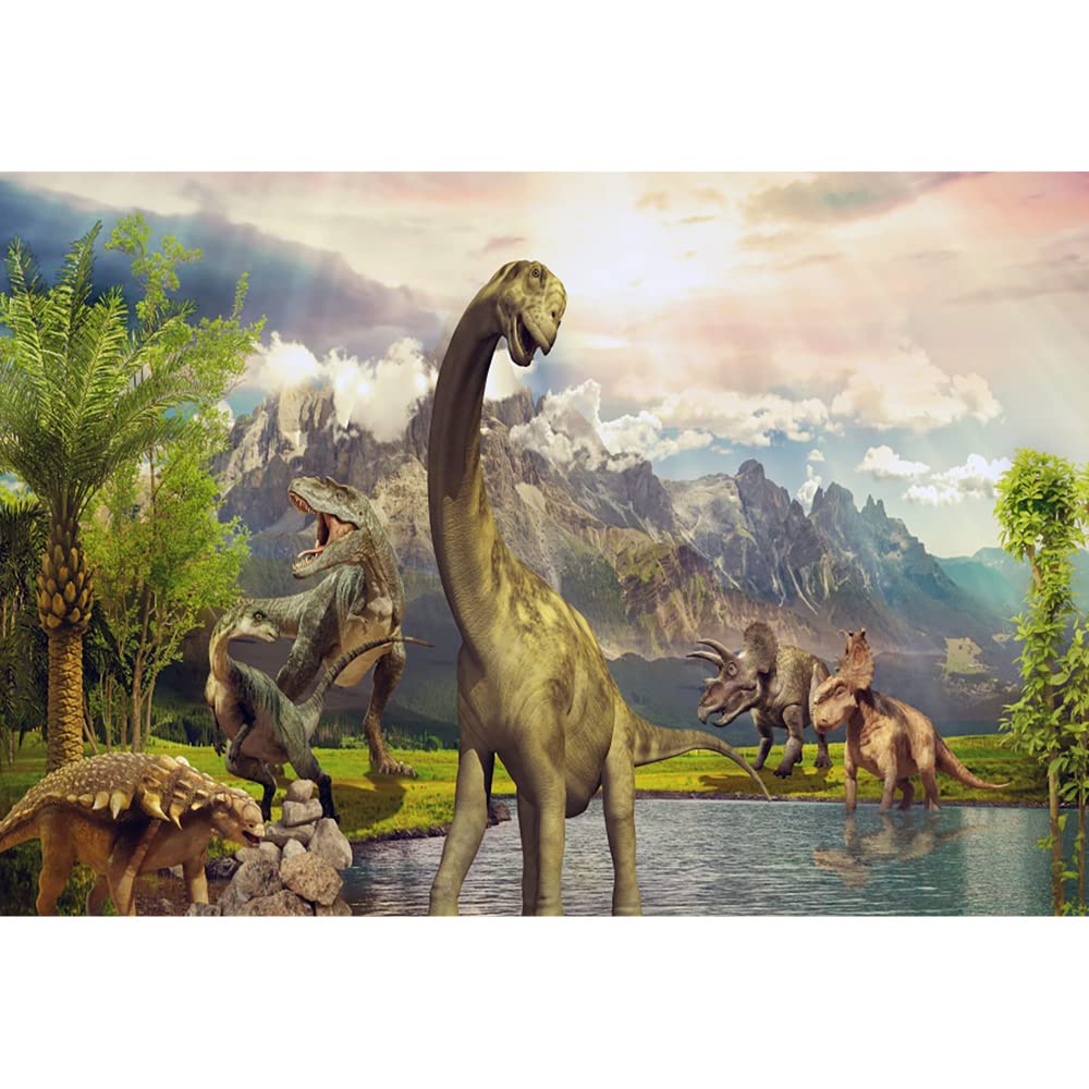 Sfondo Fotografico Dinosauri 2,1x1,5 M - Safari Giungla Con Foglie Verdi, Decorazione Per Compleanno Bambino, Tessuto Morbido Pieghevole