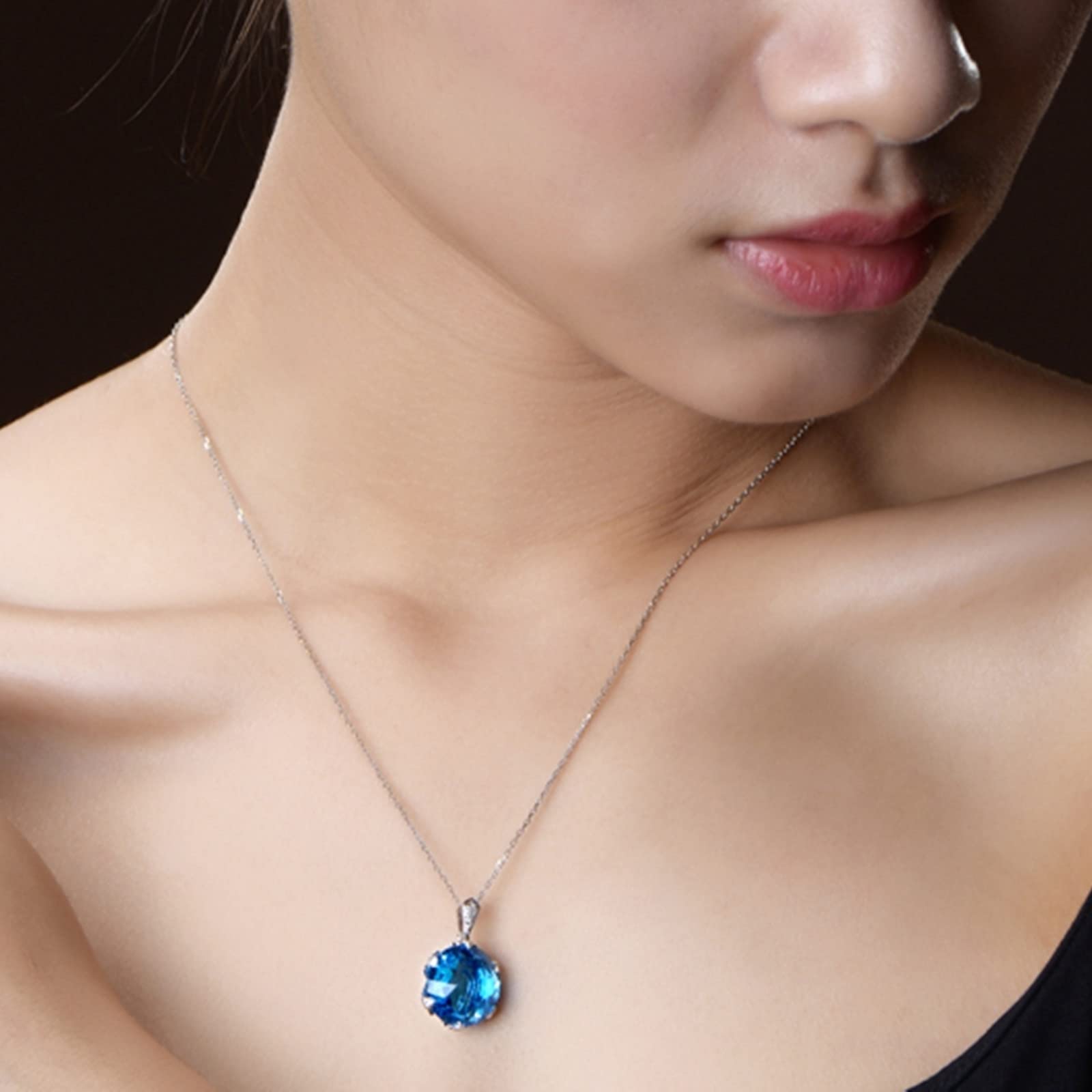 Echtgold Kette mit Anhänger Damen, Halskette Anhänger Gold Weißgold Rund mit Topas 15ct Halsketten mit Anhänger