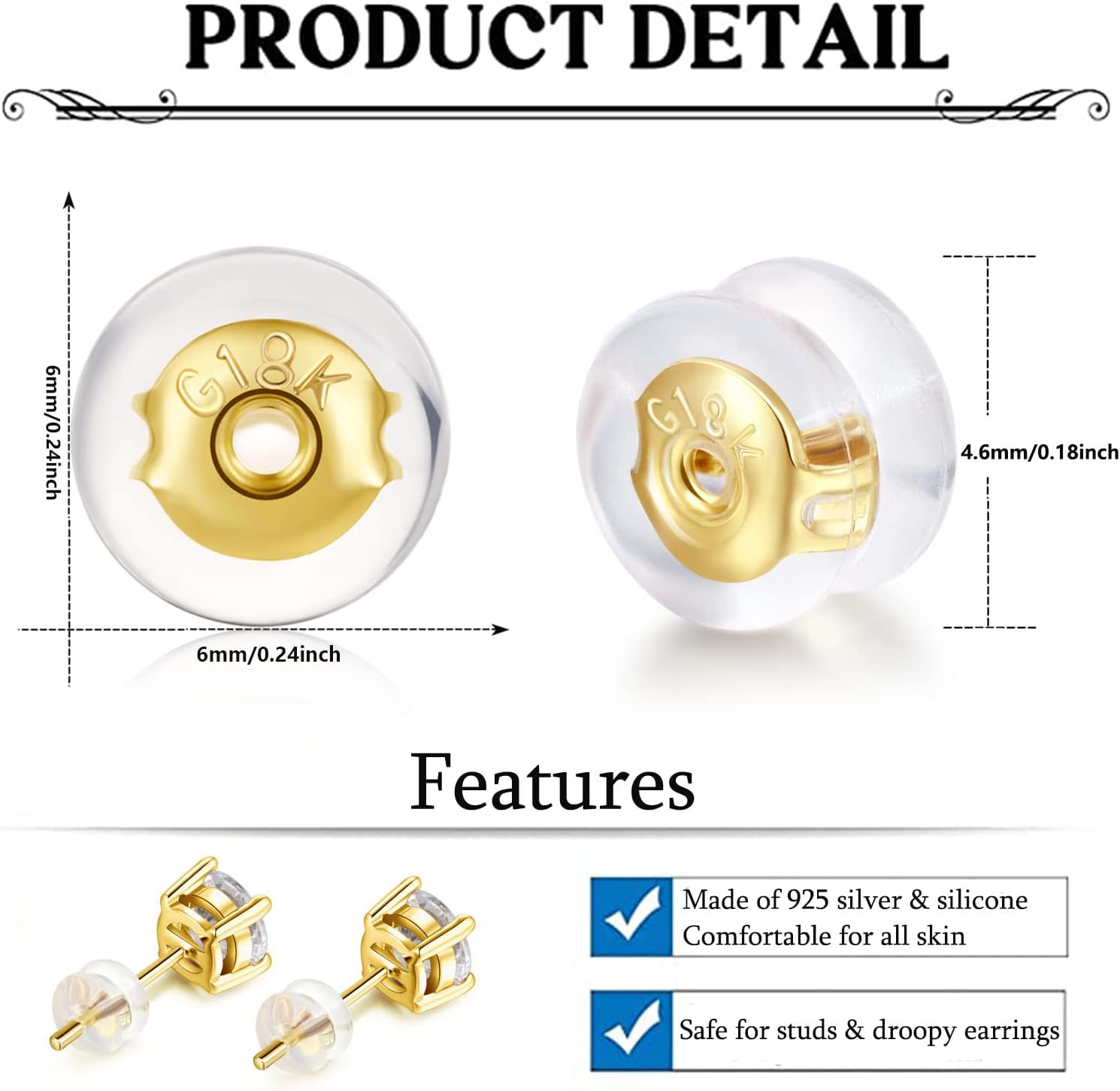 18K Gold Locking Secure Earring Backs for Studs, Silicone Earring Backs Replacements for Studs/Droopy Ears, No-Irritate Hypoallergenice Earrings Backing for Women Men, 12 PCS Gold - Image 3