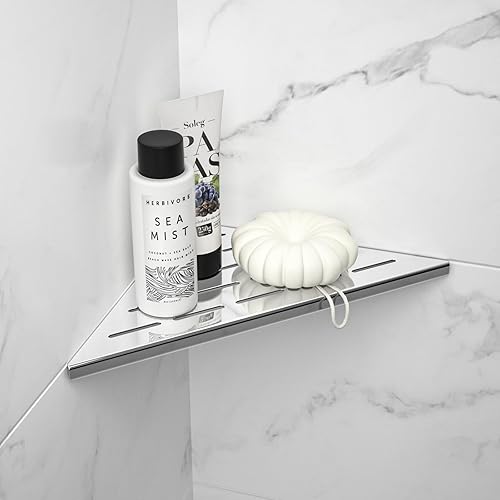 Miniatura 6 de Estante esquinero de ducha de acero inoxidable 304 pulido de 10 pulgadas, estantes esquineros empotrados con diseño de ranura, lechada de baño en