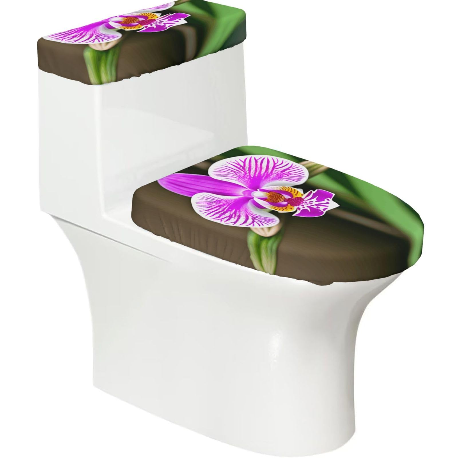 Orchid Print Cozy Toilet Seat Warmer Cover Set Stretch Tank Lid Cover Bathroom Essentials For Most Toilets