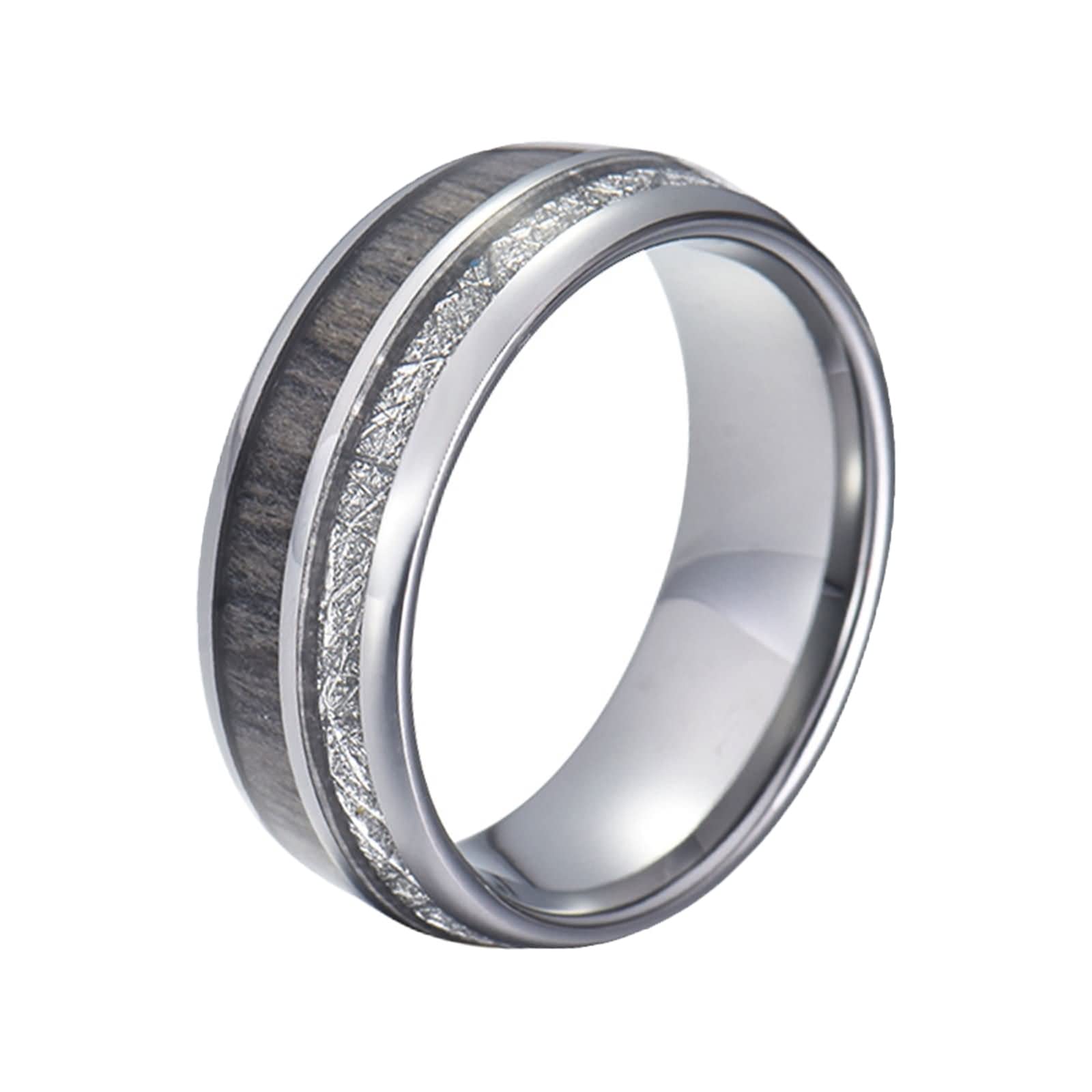 Anello Carburo di Tungsteno Uomo Fede Nuziale Anello di Fidanzamento Intarsio di Legno e Meteorite Anello Uomo con Incisione Personalizzata 8MM Anello in Tungsteno Argento Misura 12-31