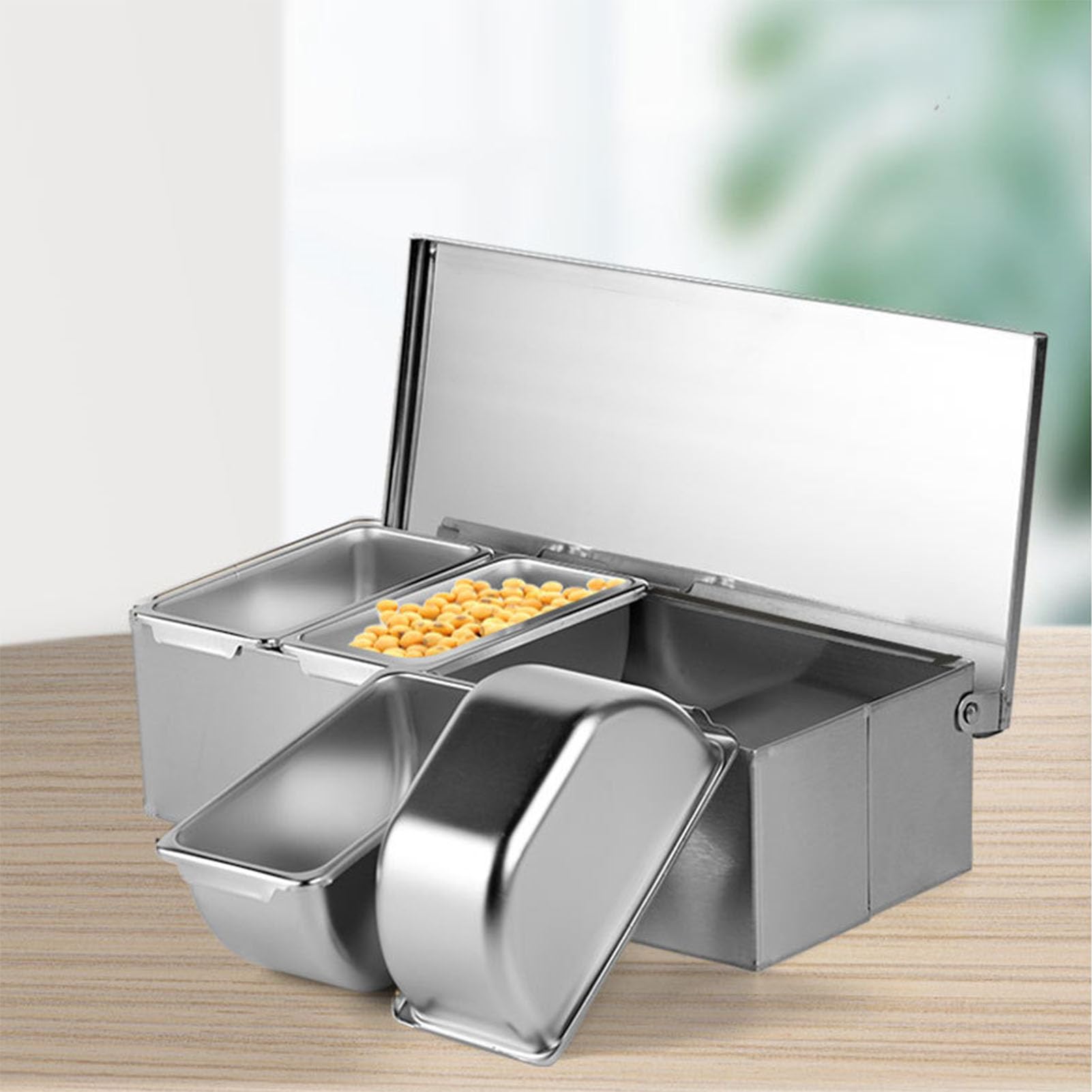 Stazione per condimento per pizza in acciaio inox, 4 scomparti, con coperchi e cucchiai per una facile preparazione e conservazione degli ingredienti, perfetta per pizzerie e chef domestici