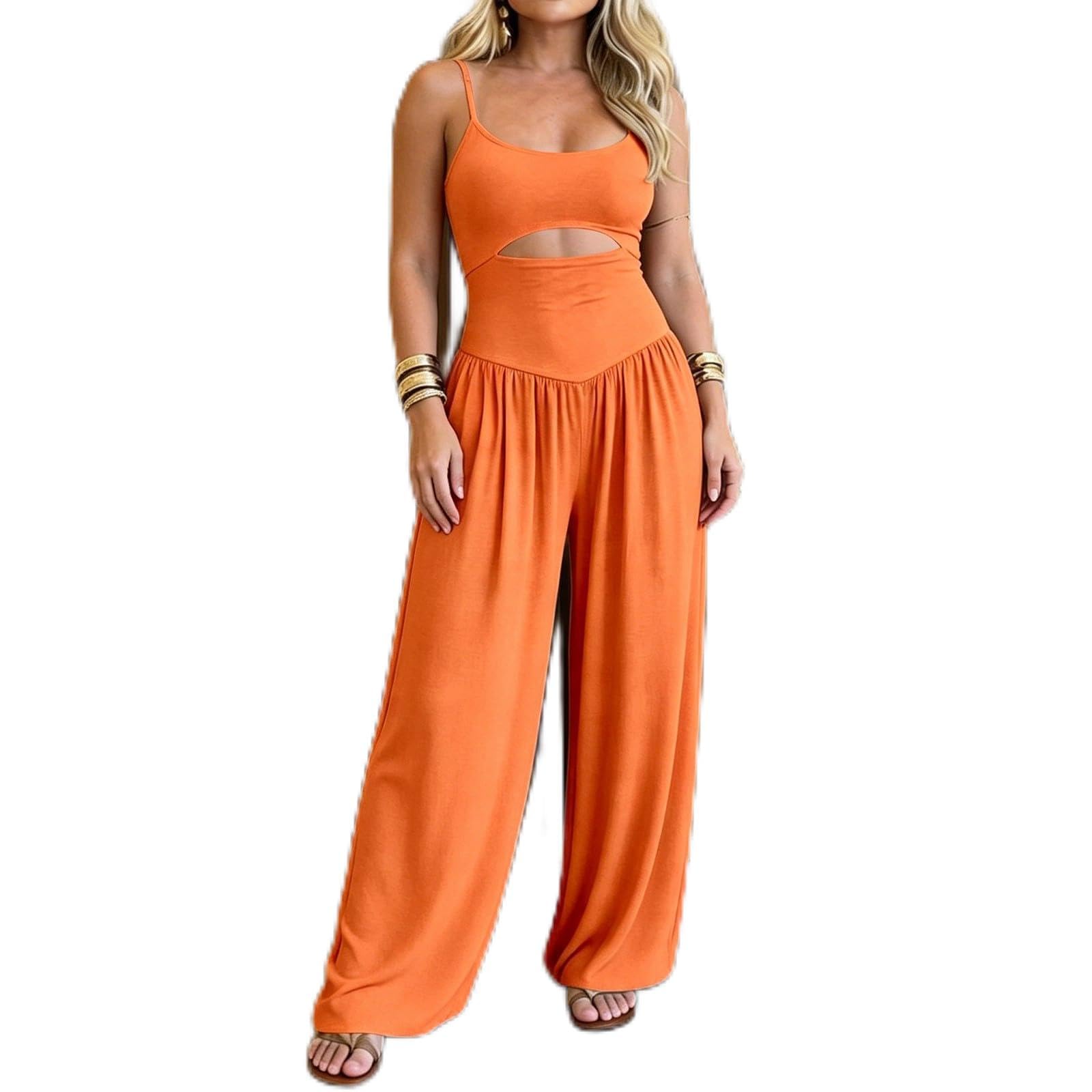 Combinaison d'été pour femme - Couleur unie - Sans manches - Col en U - Dos nu - Taille haute - Pantalon de loisirs - Pantalon d'été Palazzo - Pantalon de survêtement