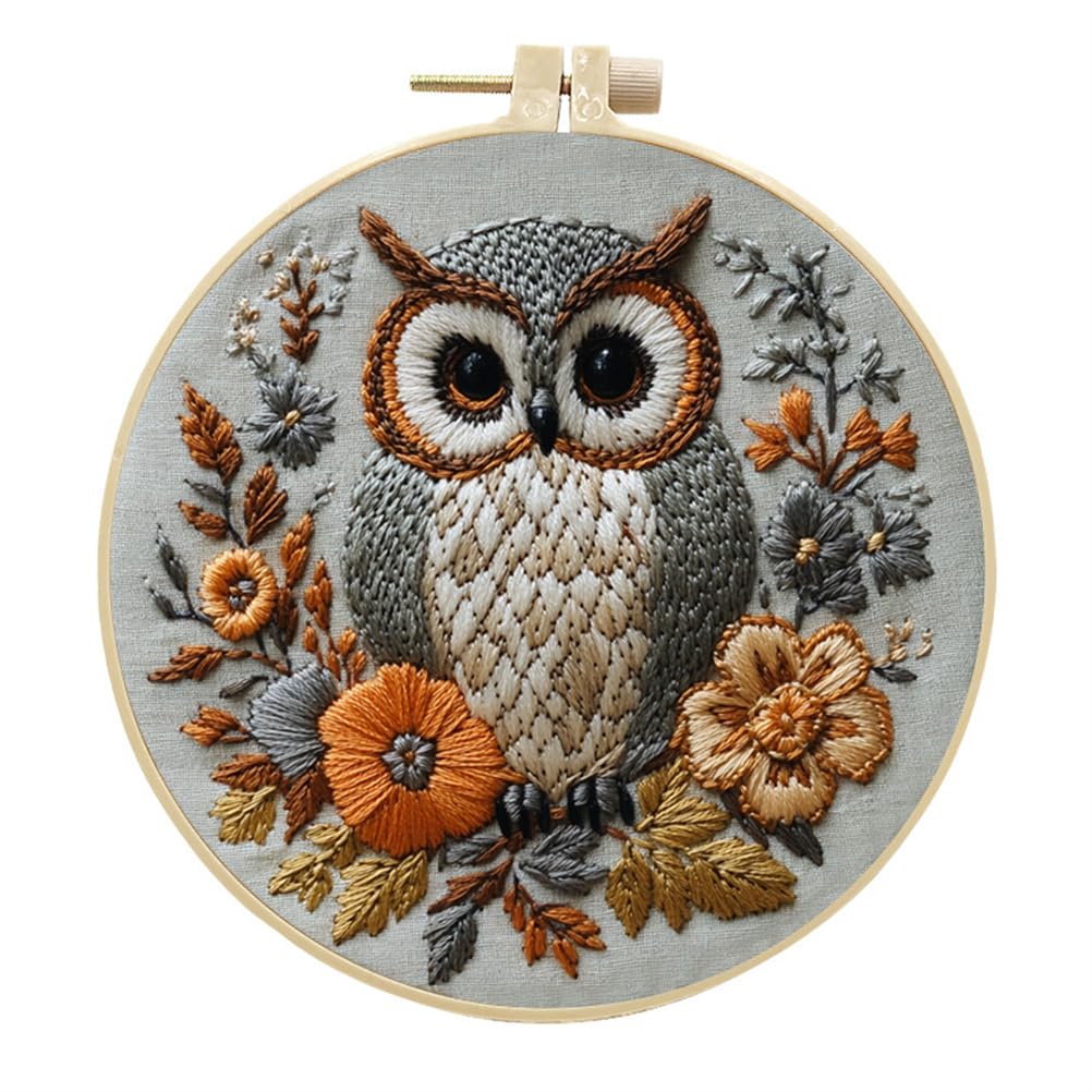Meecaa Owl 1 Embroidery Kit Starter Set, Hand Embroidery Set, Owl Animal Flower Pattern Printed Cross Stitch Set For Beginner Adults, With Embroidery Hoop And Instructions (Owl 1)