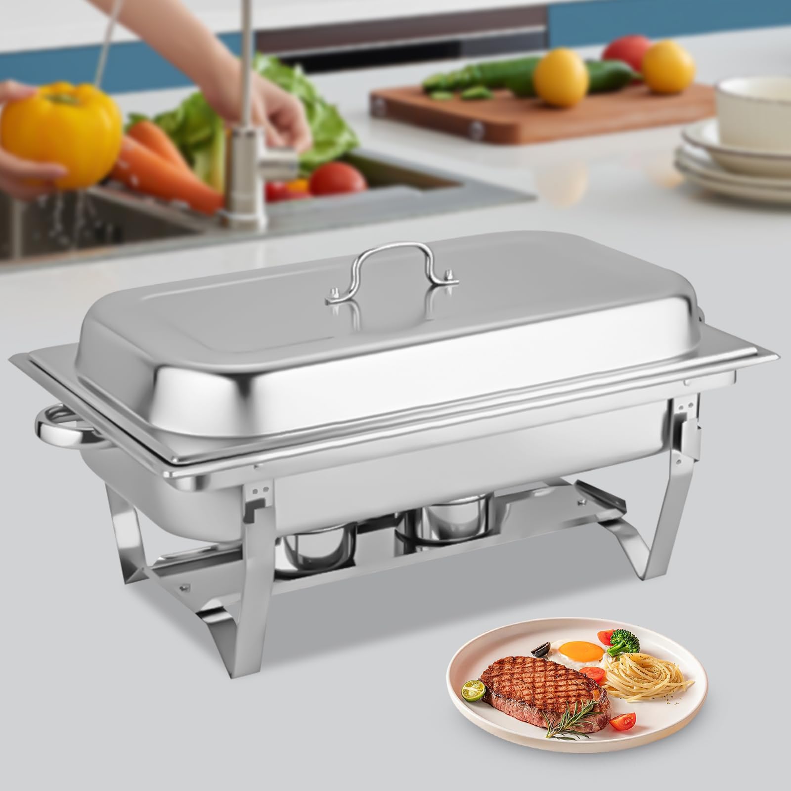 Set scaldavivande da 9 l, in acciaio inox, rettangolare, con telaio pieghevole e supporti per carburante, per feste, buffet, catering, banchetti, eventi