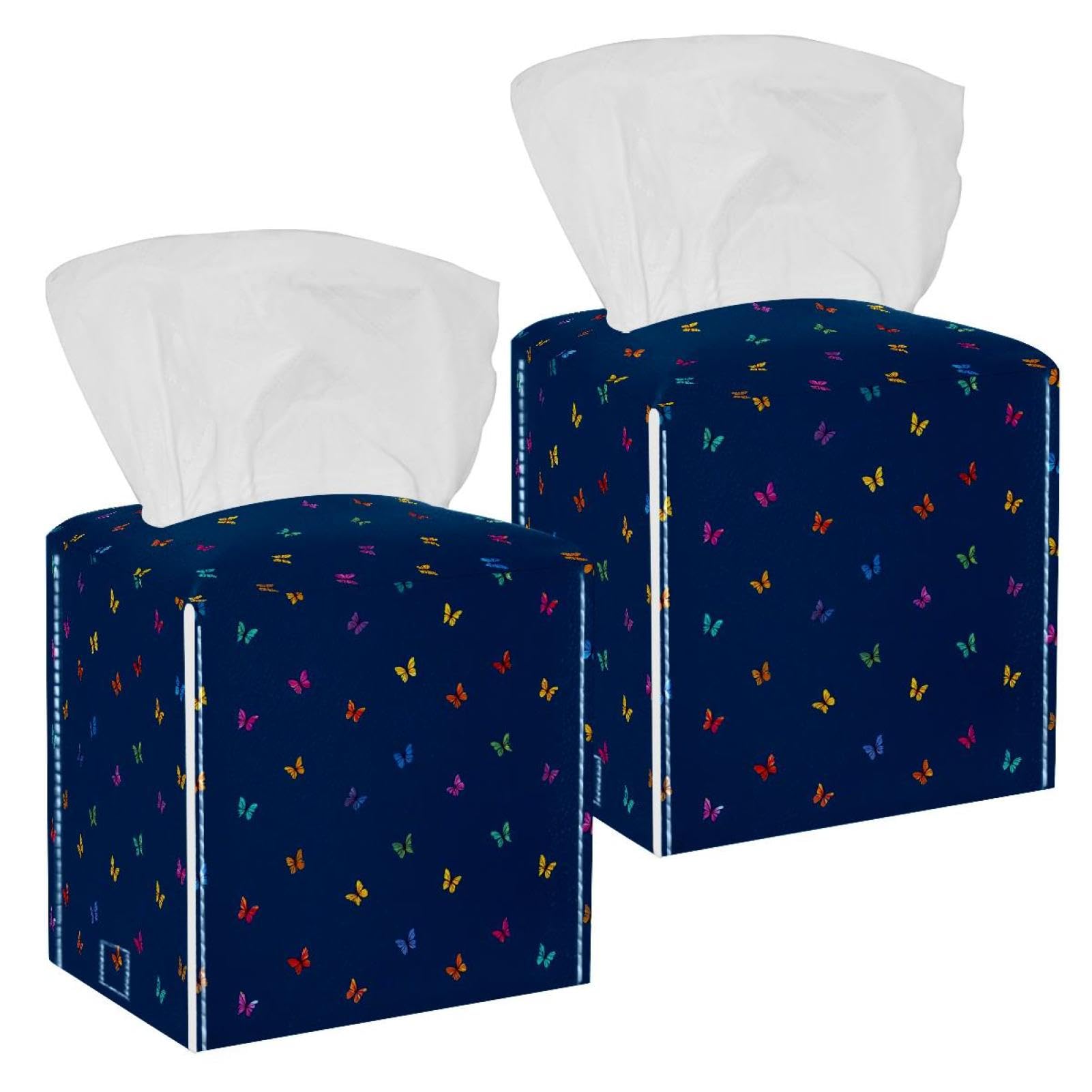 Butterfly Tissue Box Cover, 2 Pack PU Leather Square Facial Tissue Dispenser Box holder for Home Office Car