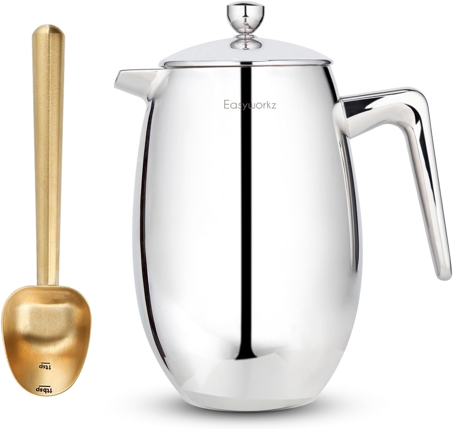 Easyworkz Stainless Steel Long Hollow Handle Coffee Scoop,7g Measuring Spoon,Brass Gold, Bundled Nando French Press 34 oz Double Wall Insulated Thermal Coffee Maker