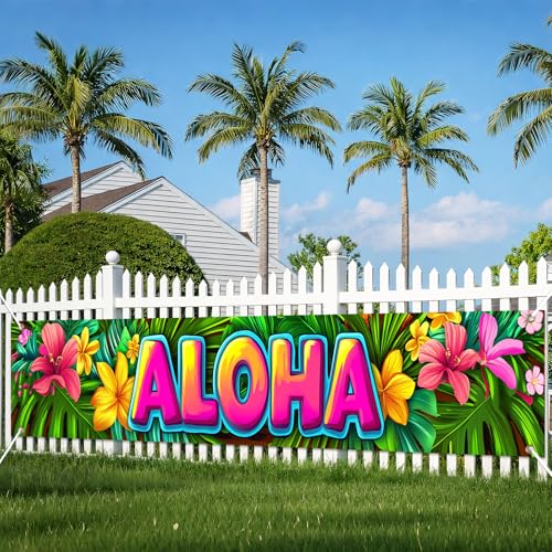 Image of HOMETITUTE Aloha Banner Luau Decorations 79 x 18 inch Hawaiian Banner Tropical Hello Summer Backdrop Aloha Sign for Pool Party Backyard Summer Beach Tiki Bar Outdoor Photo Booth