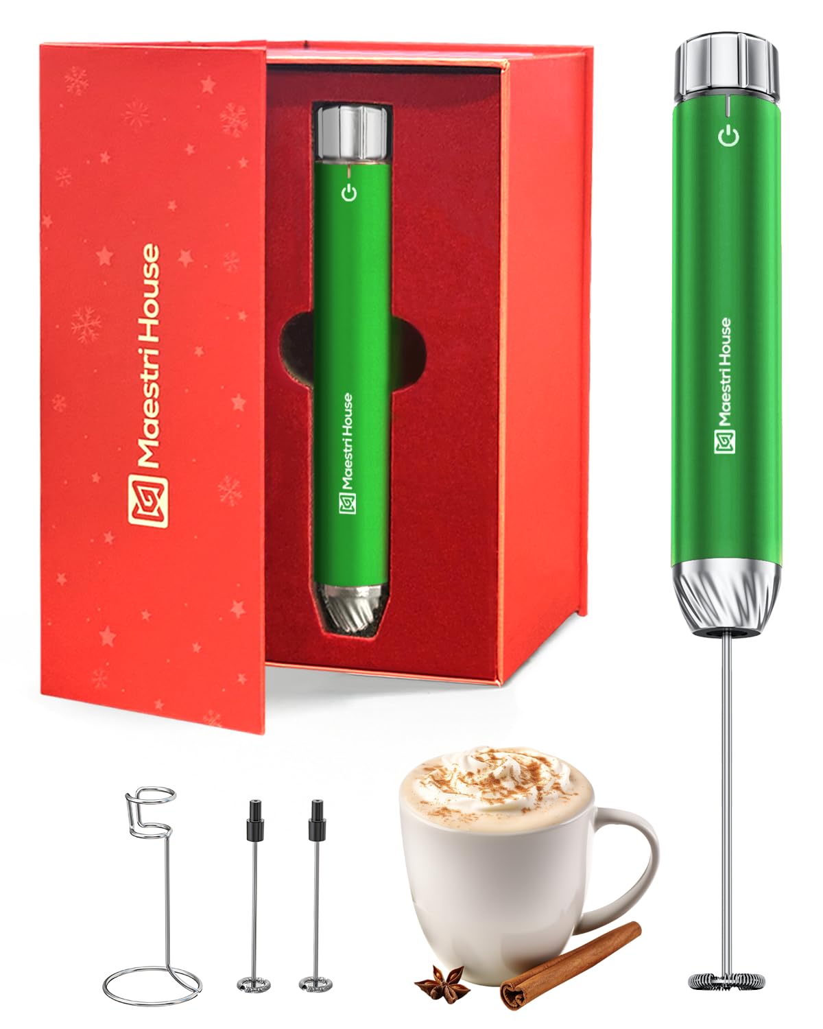 Maestri House Rechargeable Milk Frother with Stepless Speed Control, Handheld Electric Foam Maker Waterproof Detachable Stainless Steel Whisk Drink Mixer Foamer for Lattes, Cappuccino