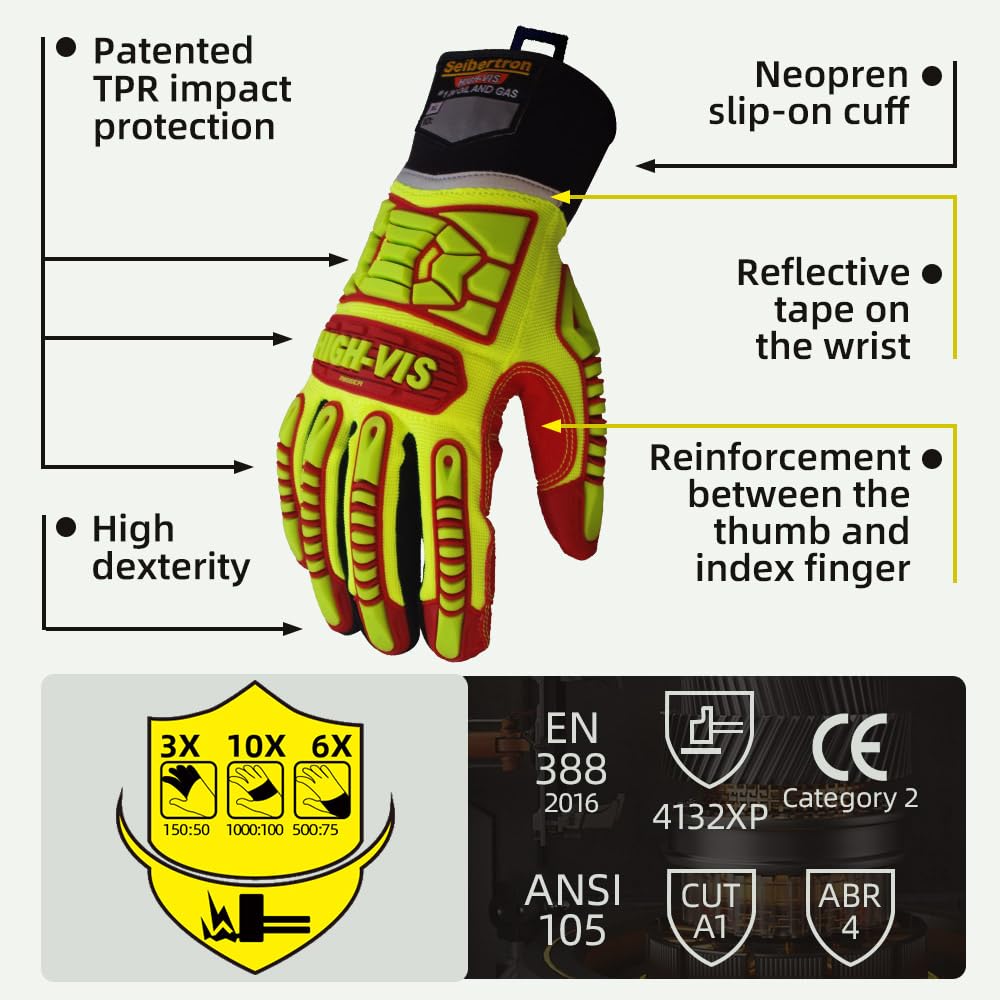 Seibertron HIGH-VIS HRIG Anti Impact Work Gloves Hi-Vis Oil and Gas Water Resistant Safety Heavy Duty Utility Mechanic Rigger Glove CE EN388 4132 XXL With 1 Black Glove Clip