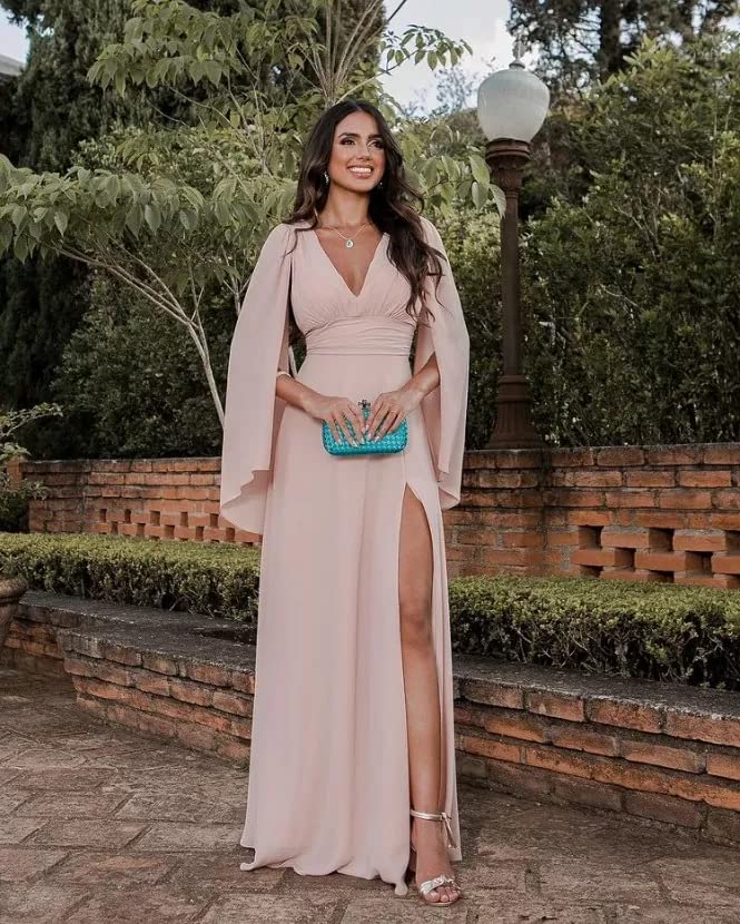 Women's Long Sleeve Bridesmaid Dresses V-Neck Chiffon Ruched Formal Dress Evening Gown with Slit4