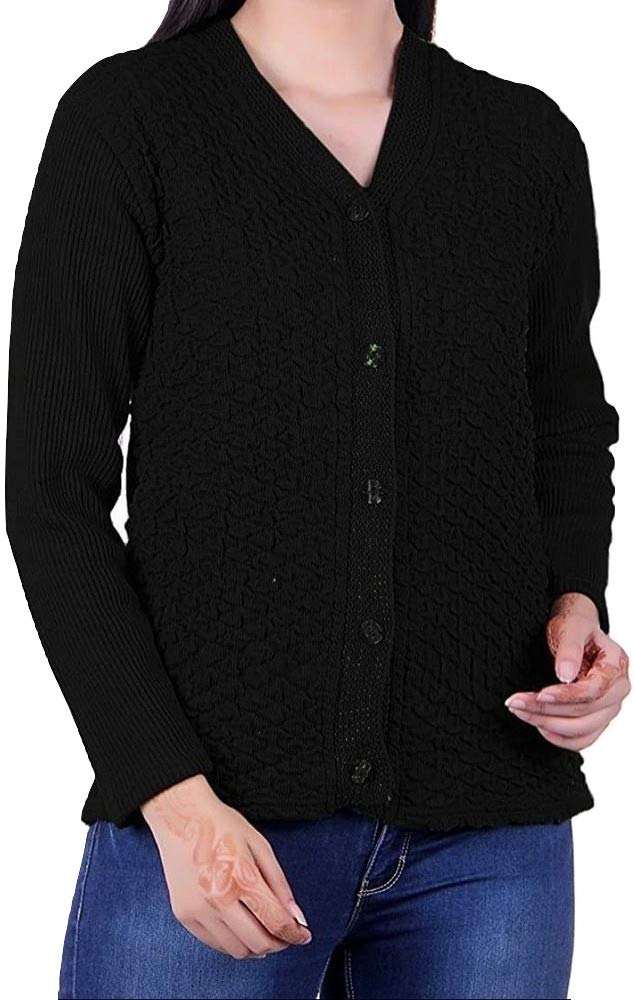 lady willington Women's Woolen V-Neck Cardigan - Heavy Daffodil Fabric Winter Wear Pure Wool Cardigan for Women - Free Size Long Cotty Fully Warm (XL, Black)-picture-54