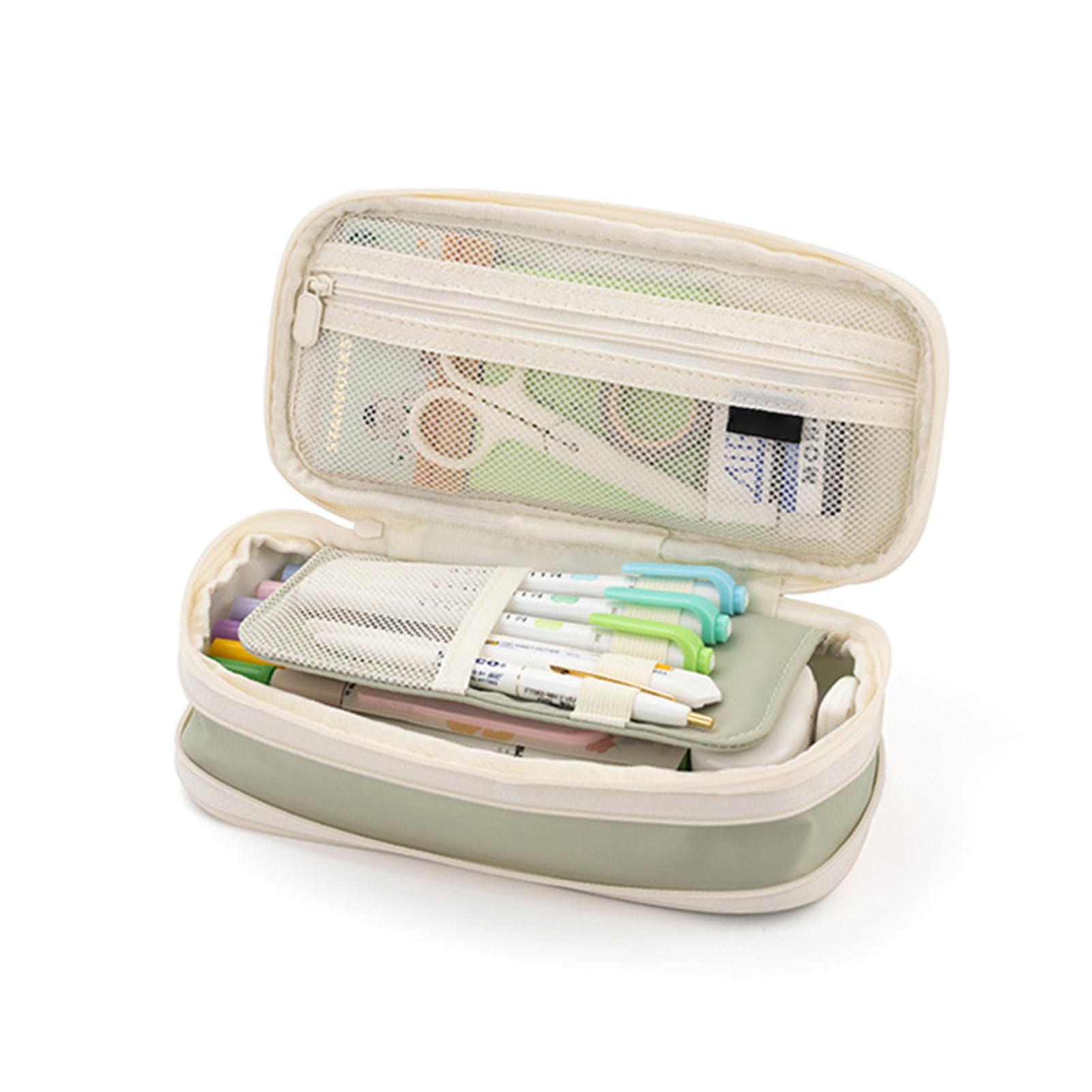 Pissente Large Capacity Pencil Case Canvas Zipper Pencil Case Dual Layer 8.66 X 4.33 X 2.76 in with Mesh Pocket Multilayer Storage for School Students Office Desk Use (light green)