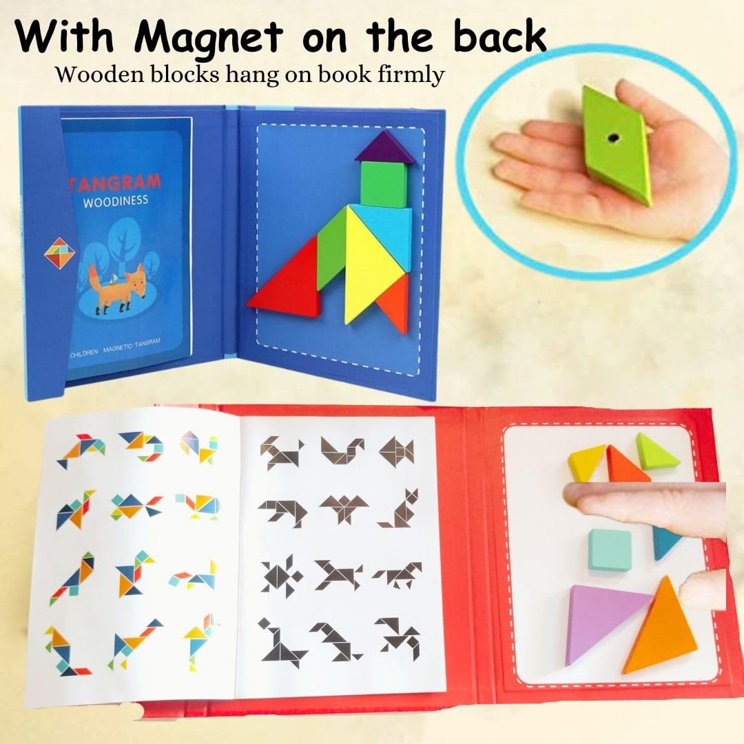 PLUSPOINT Wooden Tangram Travel Game Pack of 2 Magnetic Puzzle Book Game Tangrams Jigsaw Shapes with Solution Traveler Challenge IQ Educational Toy for 3-99 Years 2