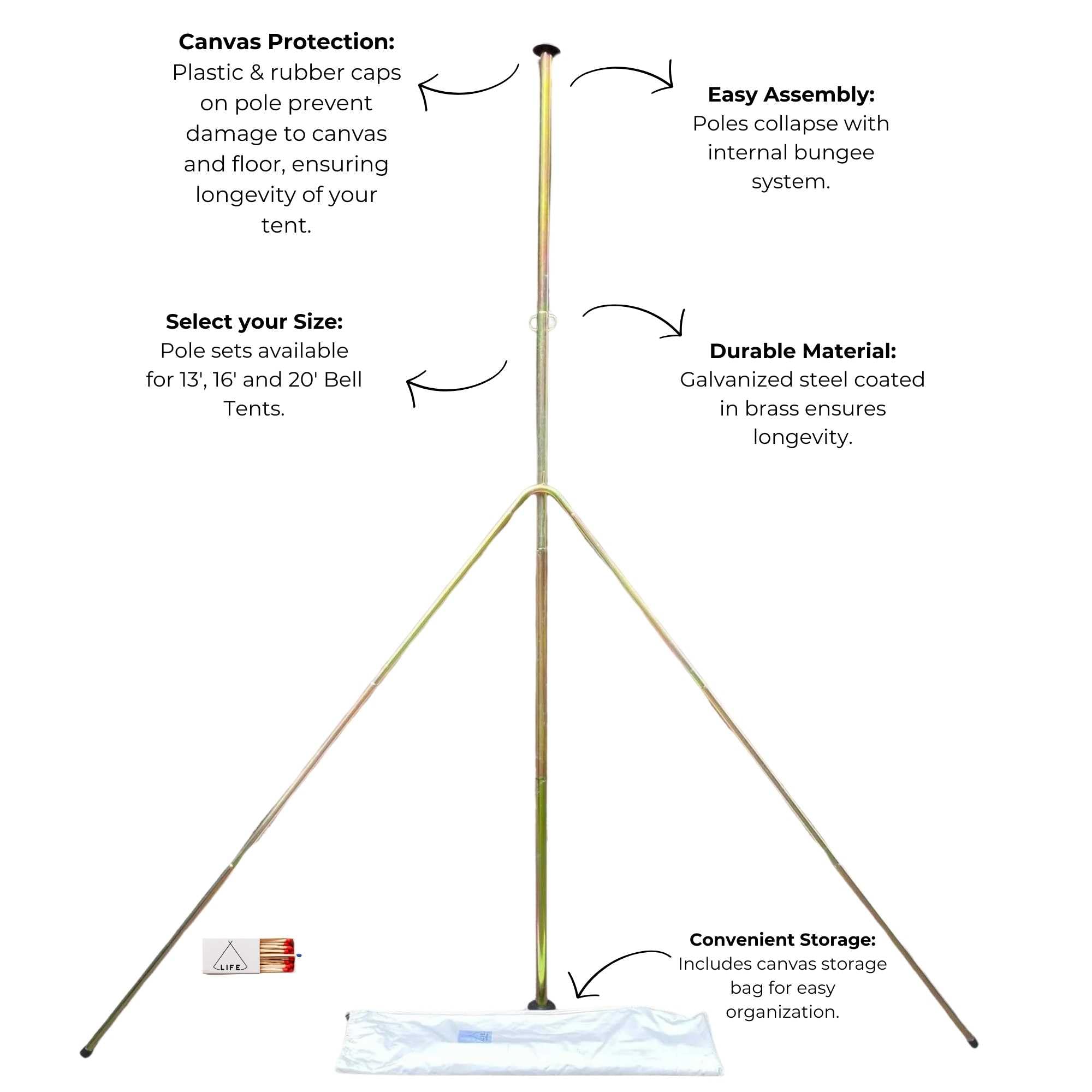 Life inTents Bell Tent Pole Set, Center Pole and Door Pole, Quick Assembly, Fits Most Bell Tents - 4M Pole Set