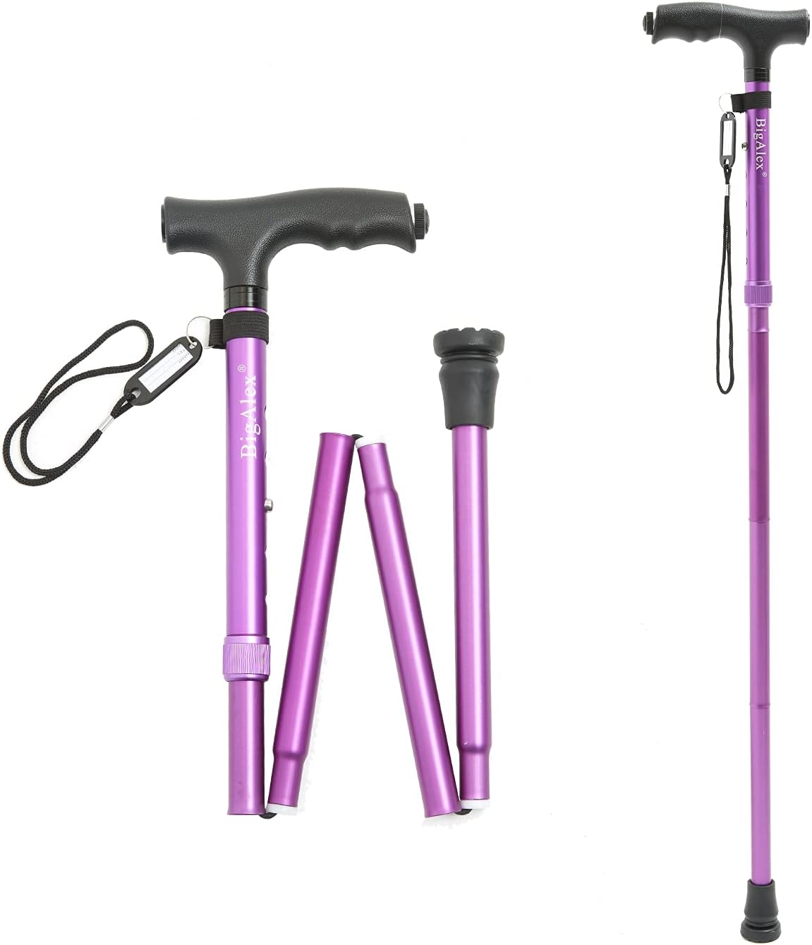 BigAlex Folding Cane,Adjustable Collapsible Cane with Led Light,Foldable Walking Cane Lightweight,Portable Hand Walking Stick, Comfortable T Handles (Purple) Short