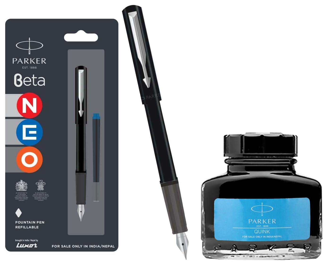 Parker Beta Neo Chrome Trim Fountain Pen| Black Body Color With 1 Ink Cartridge | Ink Color - Blue | Gift For Employees | Unique Gifts For Entrepreneurs Quink Ink Bottle, Blue-image-37
