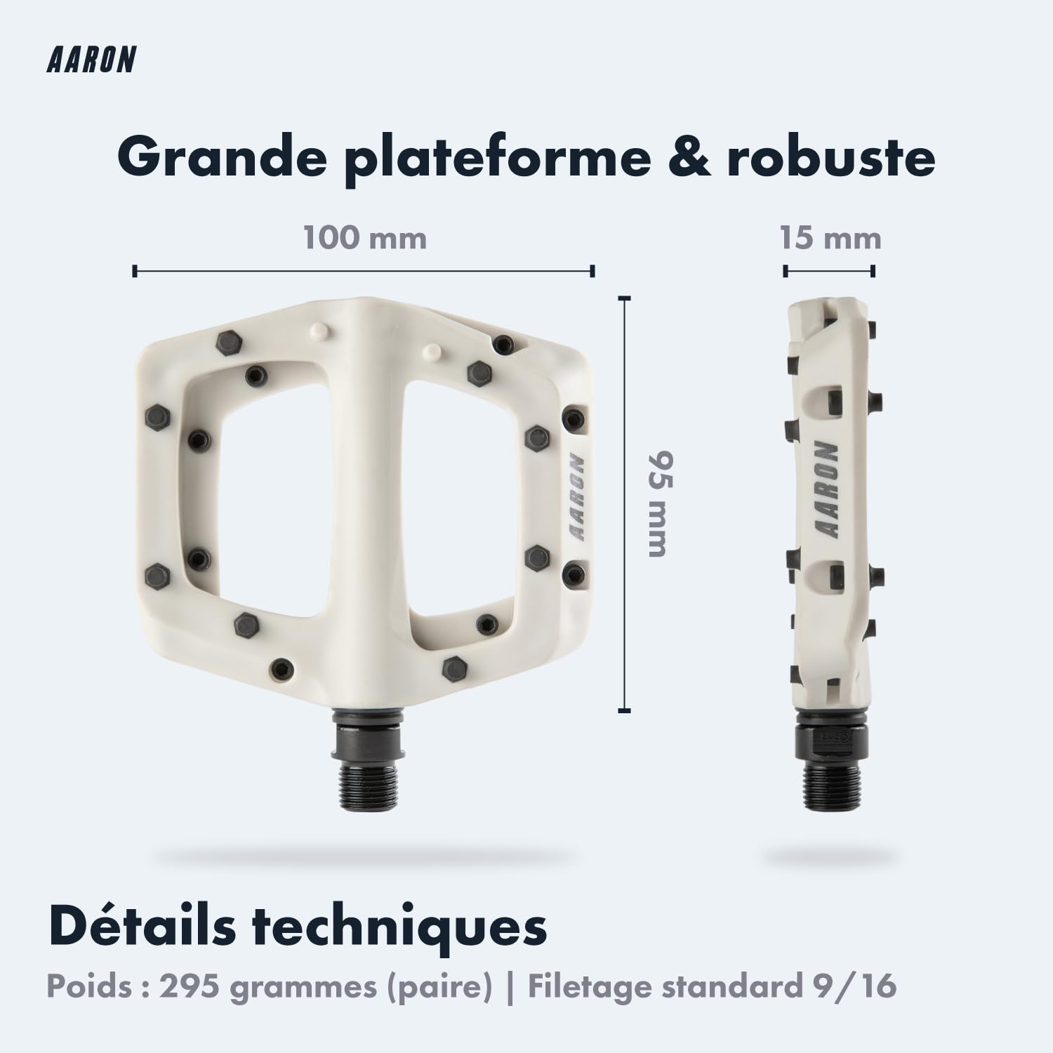AARON Pédales Dirt MTB en fibres de nylon ultra légères avec roulement à billes industriel scellé, antidérapantes grâce à 8 broches interchangeables, pédales de vélo pour dirtbike, vélo électrique,
