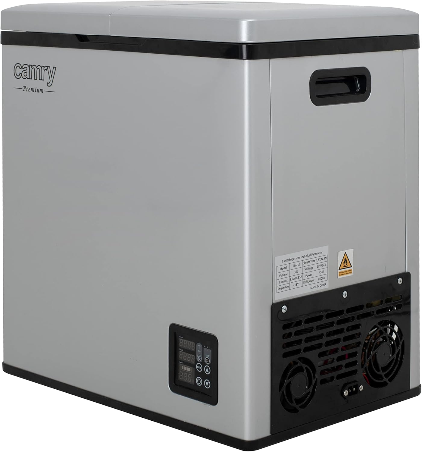 Rear view of the CAMRY CR 8076 portable refrigerator showing the ventilation grilles and product information label.