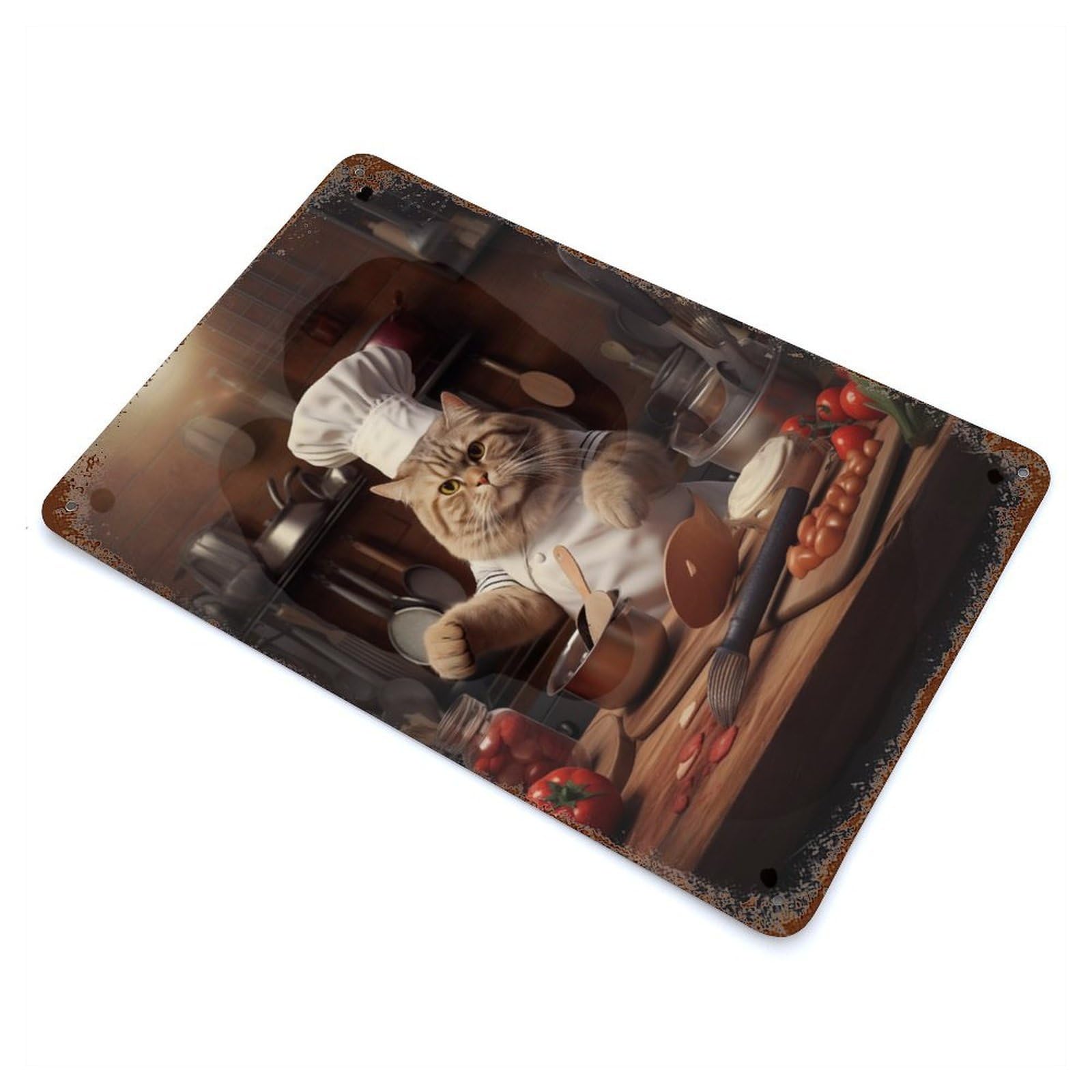 Distressed Metal Wall Sign Chef Cat 11.8"x7.9", Vintage Wall Decor for Garage, Bar And Workshop Decor