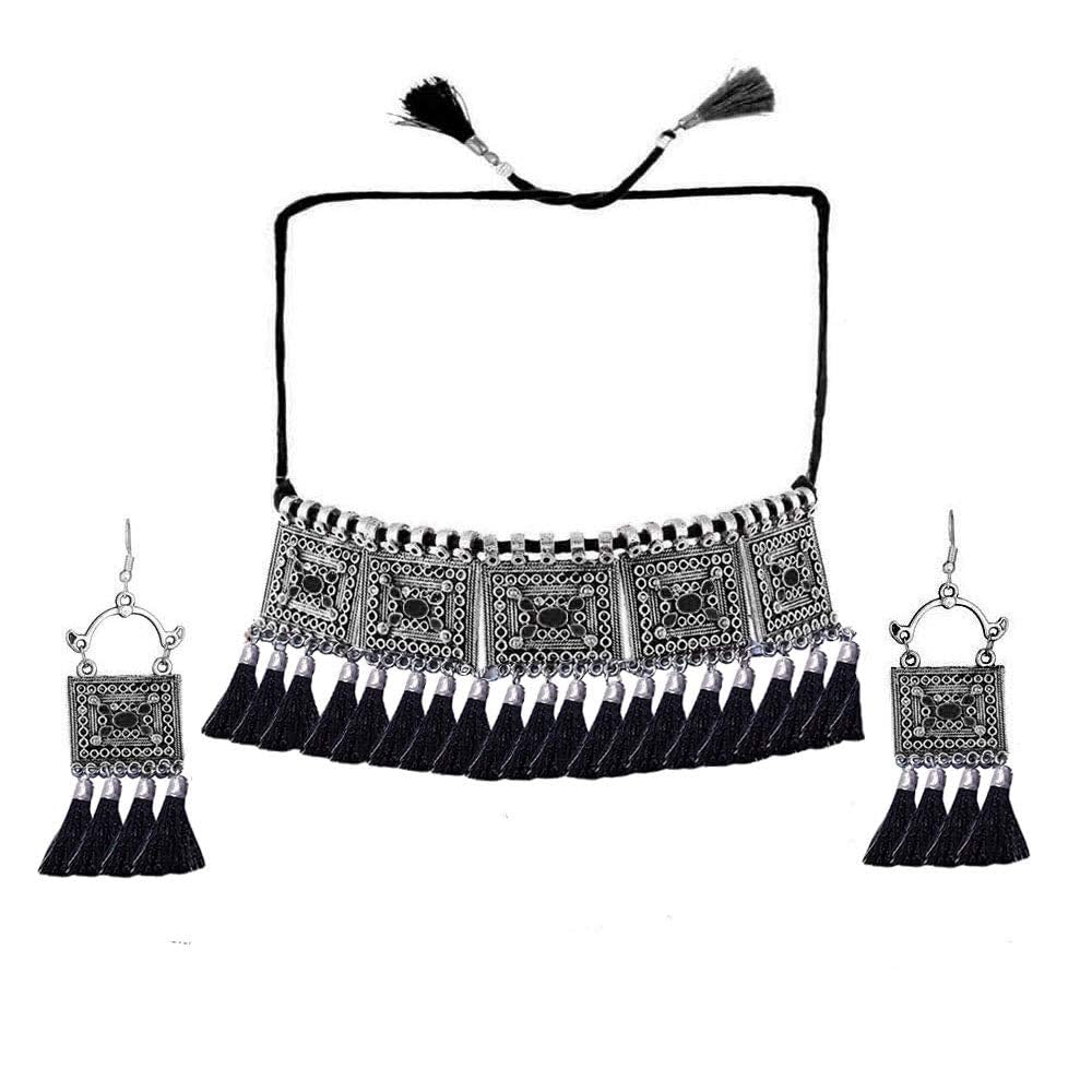 Oxidised Jewellery Afghani Style Black Thread Choker Necklace Set for Women & Girls (Black) (B09QQTDG97) Amazon Price History, Amazon Price Tracker