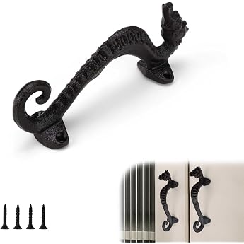 Barn Door Handle Black Cast Iron Door Handle Vintage Look Length 170 mm Garden Gate Handle Seahorse Shaped with Screws Attached for Door Sheds Garages Cabinets